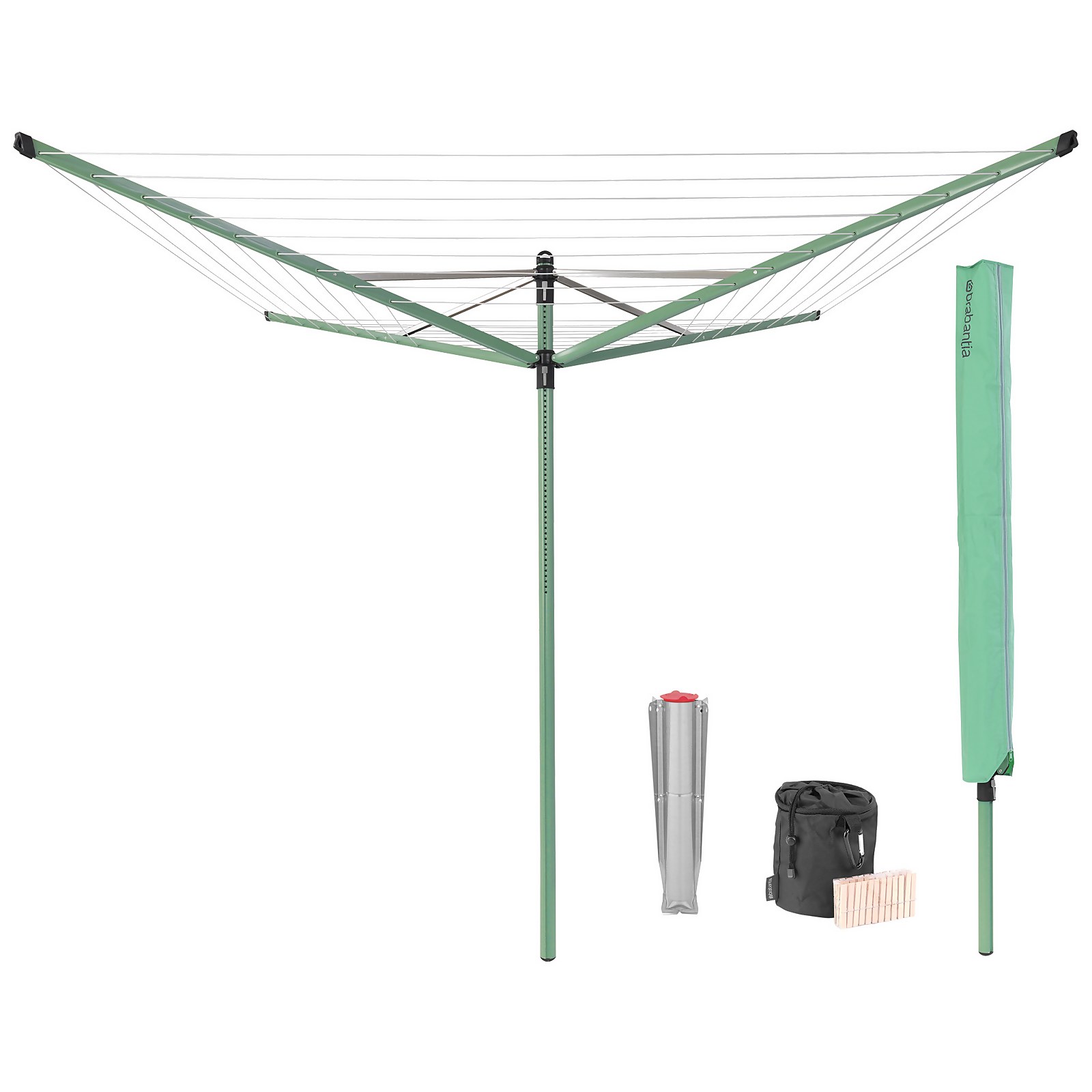 Brabantia Lift-O-Matic 50m Rotary Dryer with Ground Spike & Accessories - Green