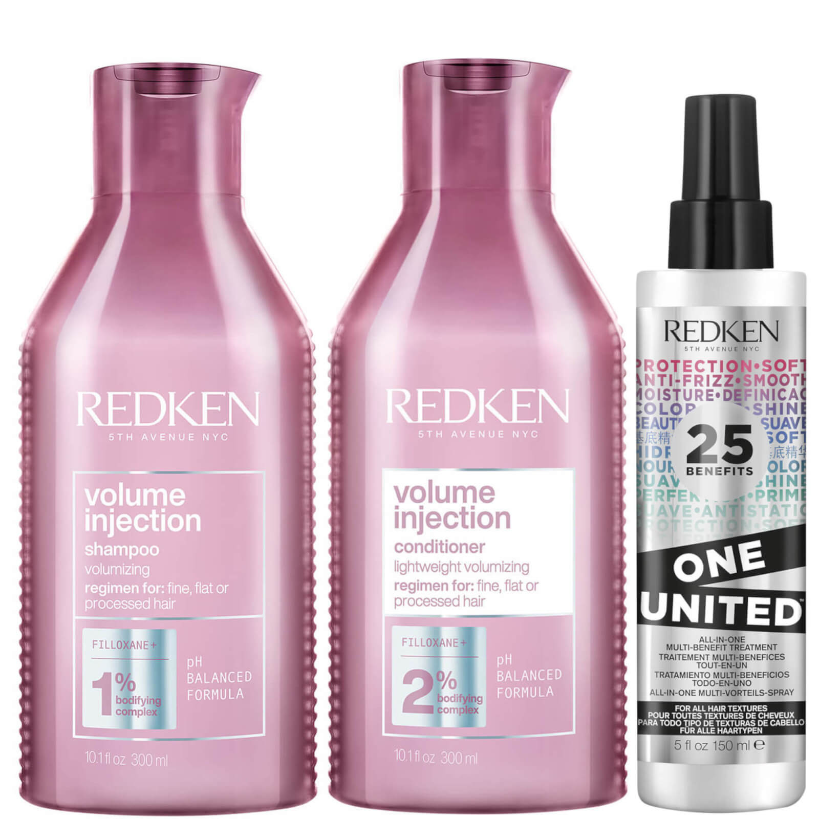 Image of Redken Volume Injection Shampoo, Conditioner and One United Treatment Spray Routine for Fine/Flat Hair