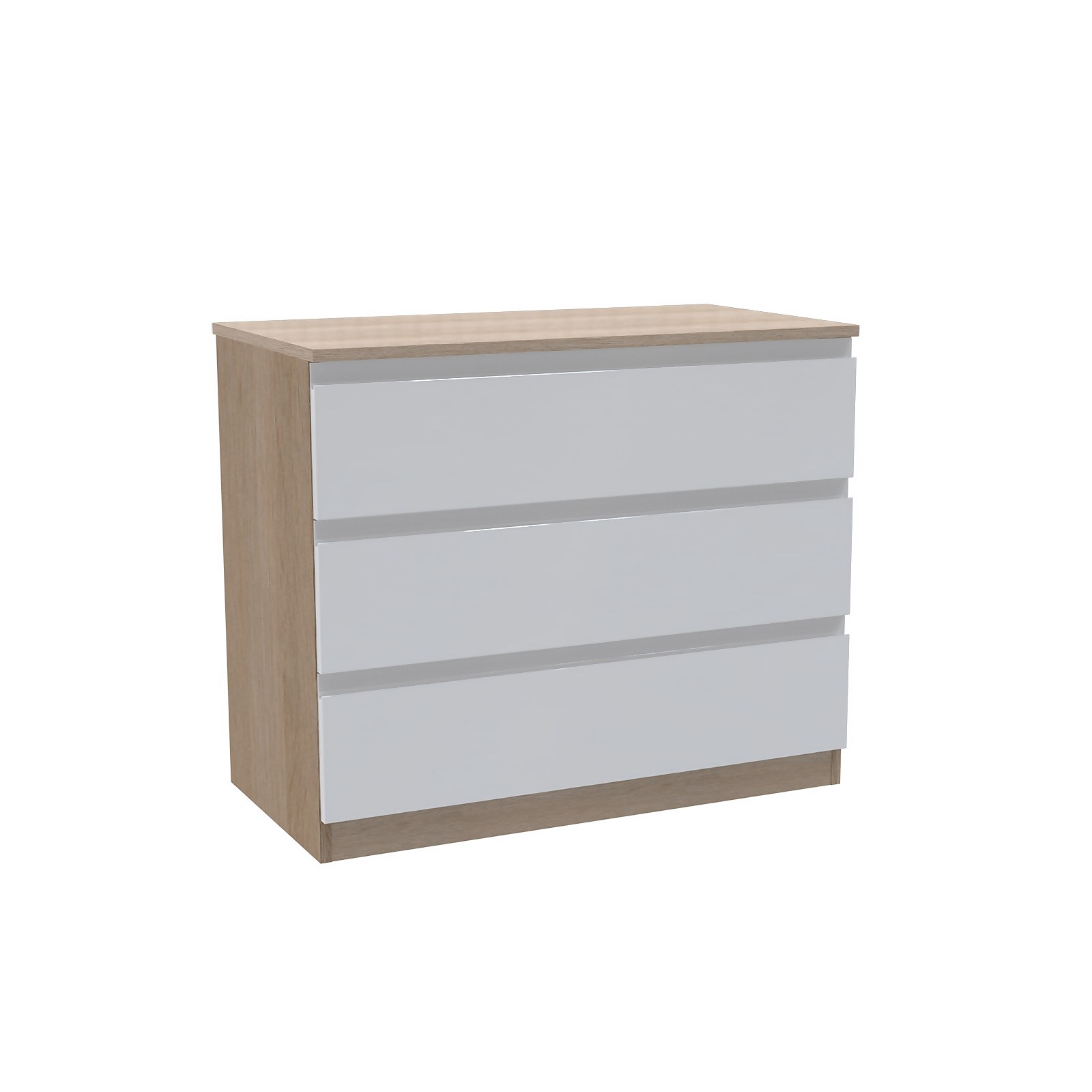 House Beautiful Escape Wide Chest of Drawers - Oak Effect Carcass, Gloss White Handleless Drawer Fronts (W) 900mm x (H) 756mm