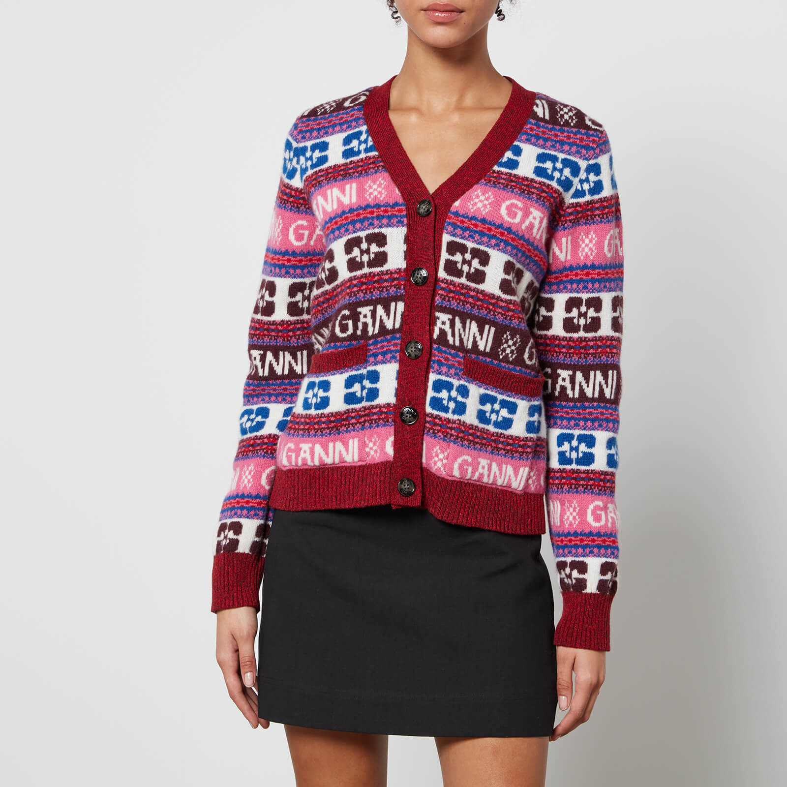 Ganni Logo-Intarsia Wool-Blend Cardigan - XS