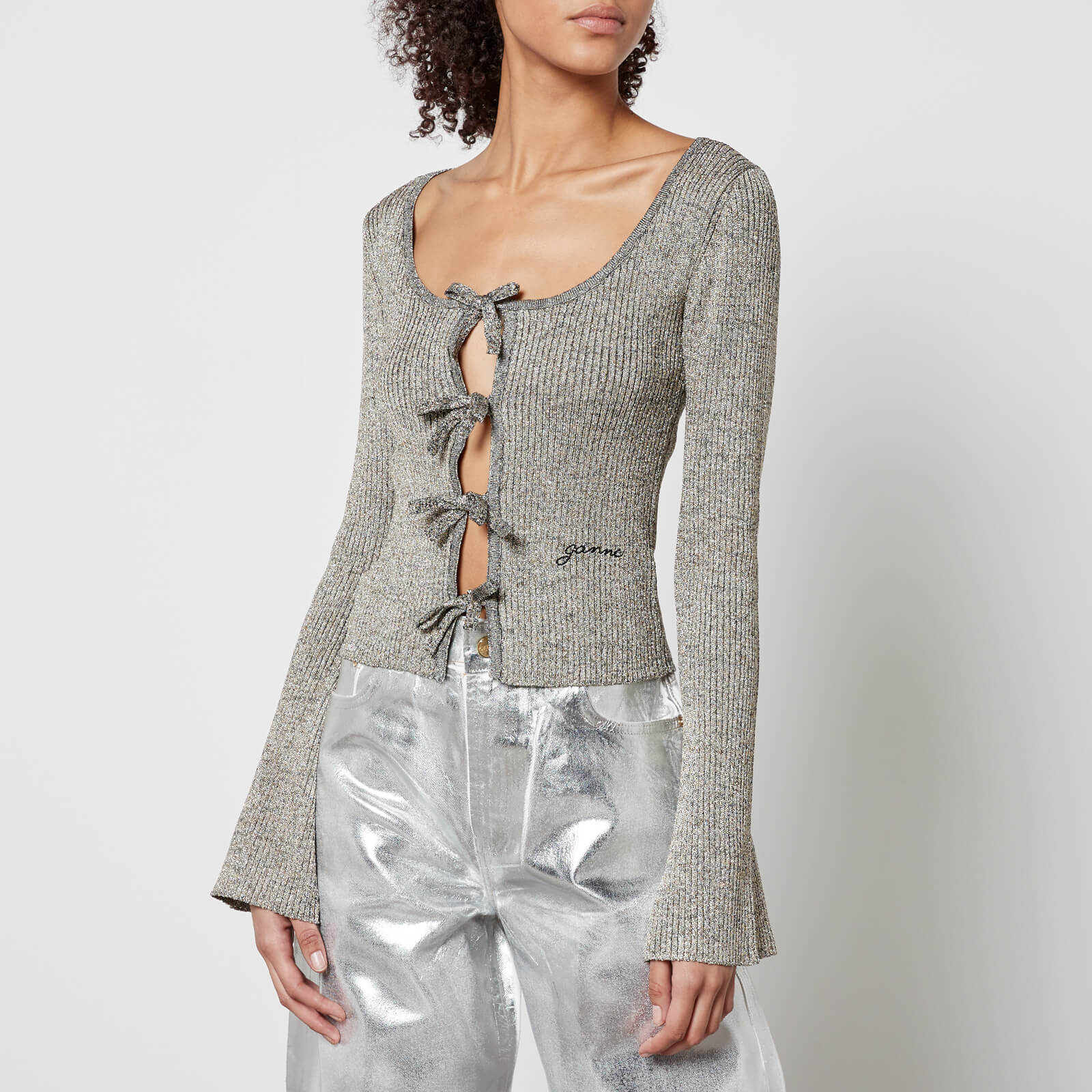 Ganni Metallic Ribbed-Knit Cardigan - XS