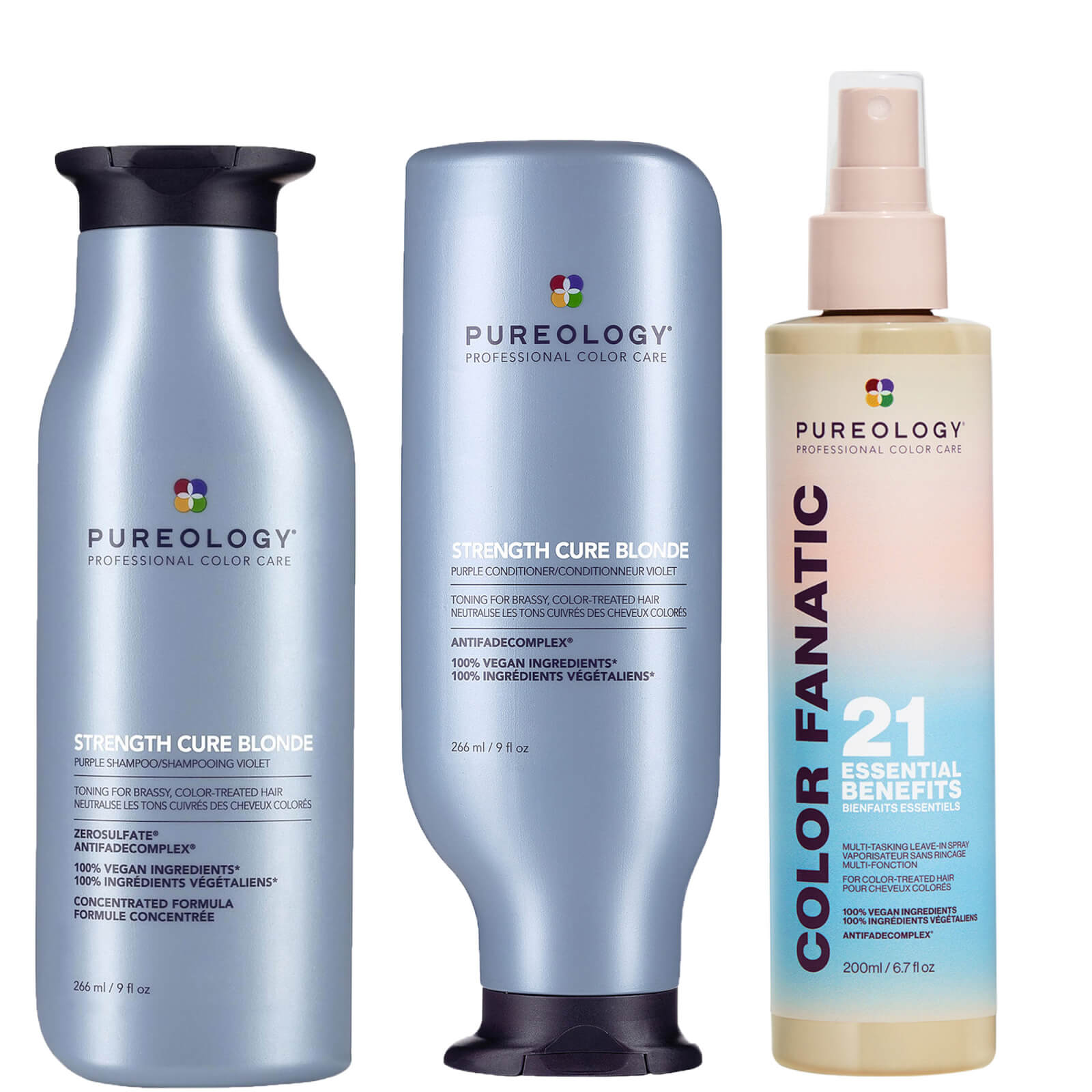 Pureology Strength Cure Blonde Purple Shampoo, Conditioner and Color Fanatic Spray Routine for Tonin