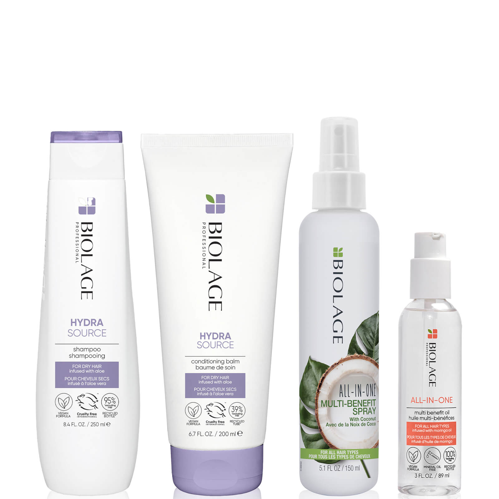 Image of Biolage Hydrasource Hydrating Shampoo, Conditioner, All-in-One Hair Oil and Leave-in Spray Routine For Dry Hair