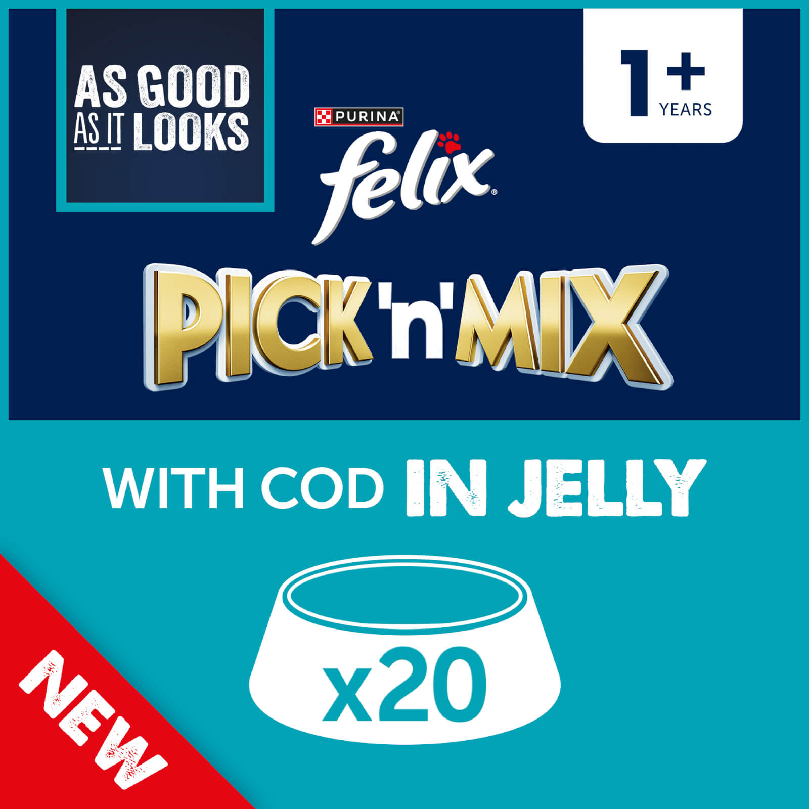 Image of Felix As Good As It Looks Adult Wet Cat Food with Cod in Jelly 20x100g
