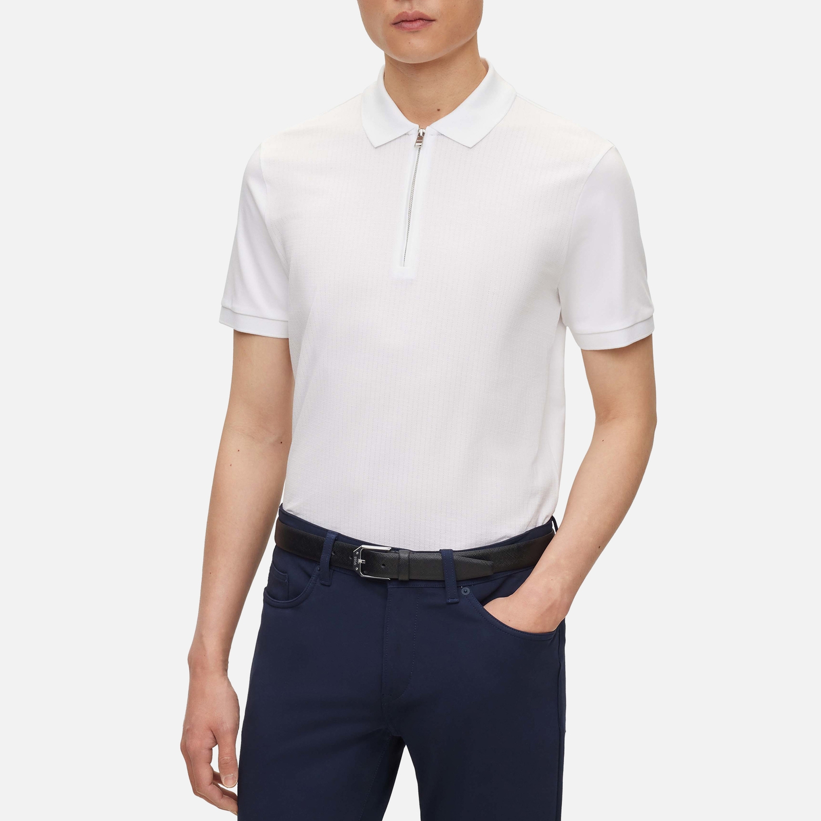 BOSS Black Polston Ribbed Cotton-Pique Zipped Polo Shirt