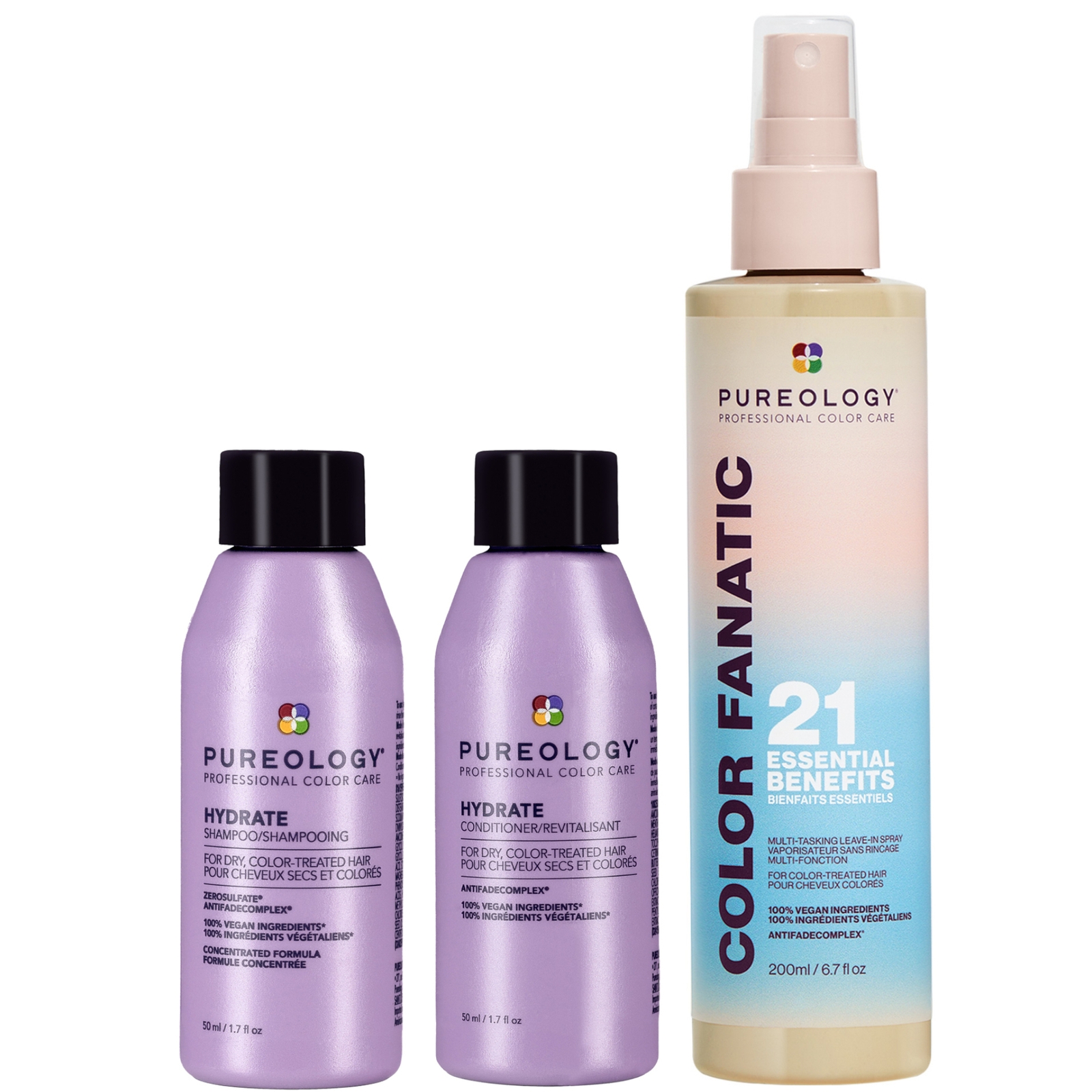 Pureology Color Fanatic Spray 200ml, Hydrate Shampoo Travel Size 50ml And Conditioner Travel Size 50ml For Dry