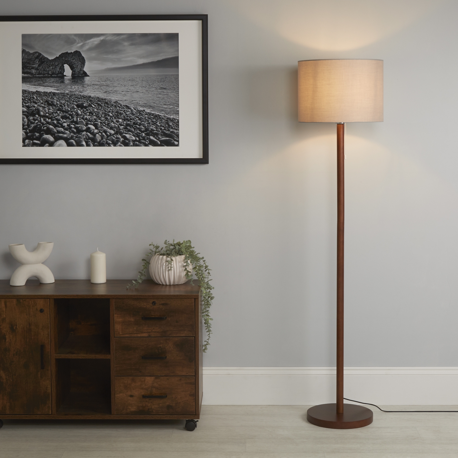 Dark Wood Floor Lamp with Grey Shade
