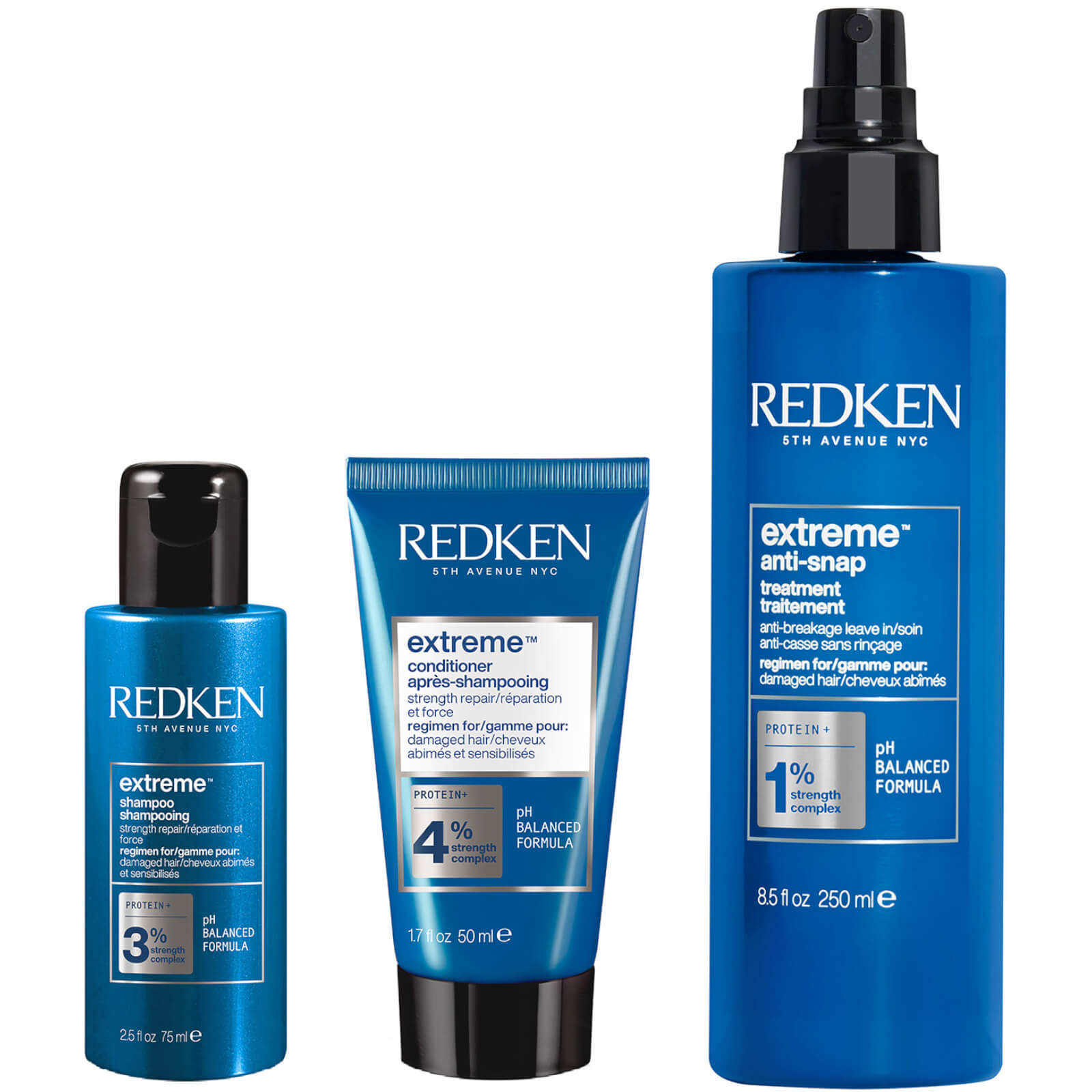 Redken Extreme Shampoo 75ml, Conditioner 50ml and Anti-Snap Anti-Breakage Spray 250ml Bundle for Dam