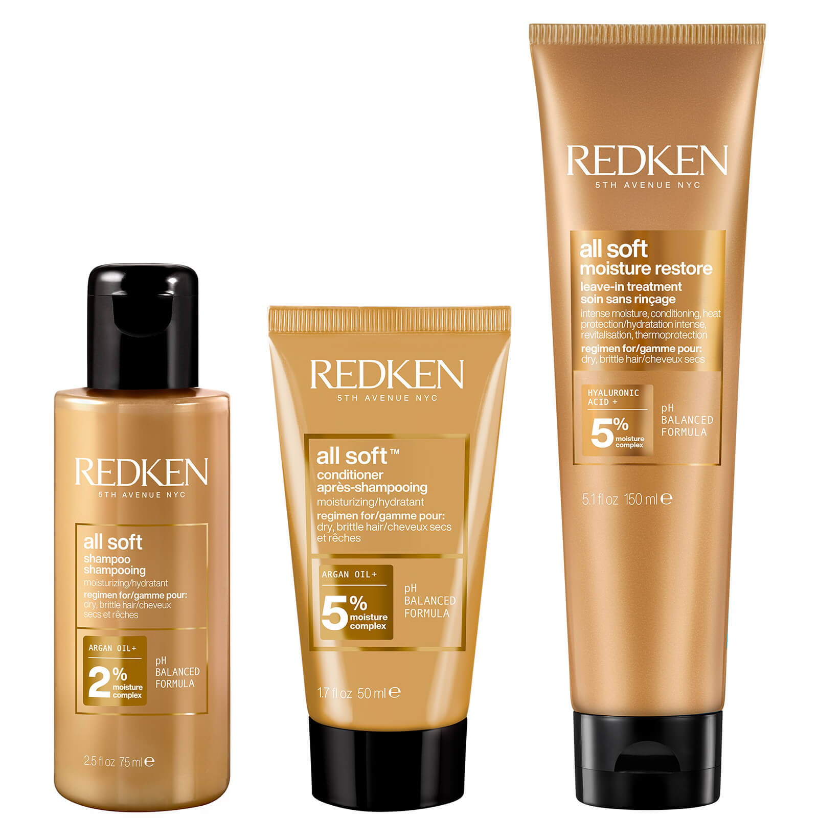 Redken All Soft Shampoo 75ml, Conditioner 30ml and Leave-in Treatment 150ml Bundle for Dry and Britt