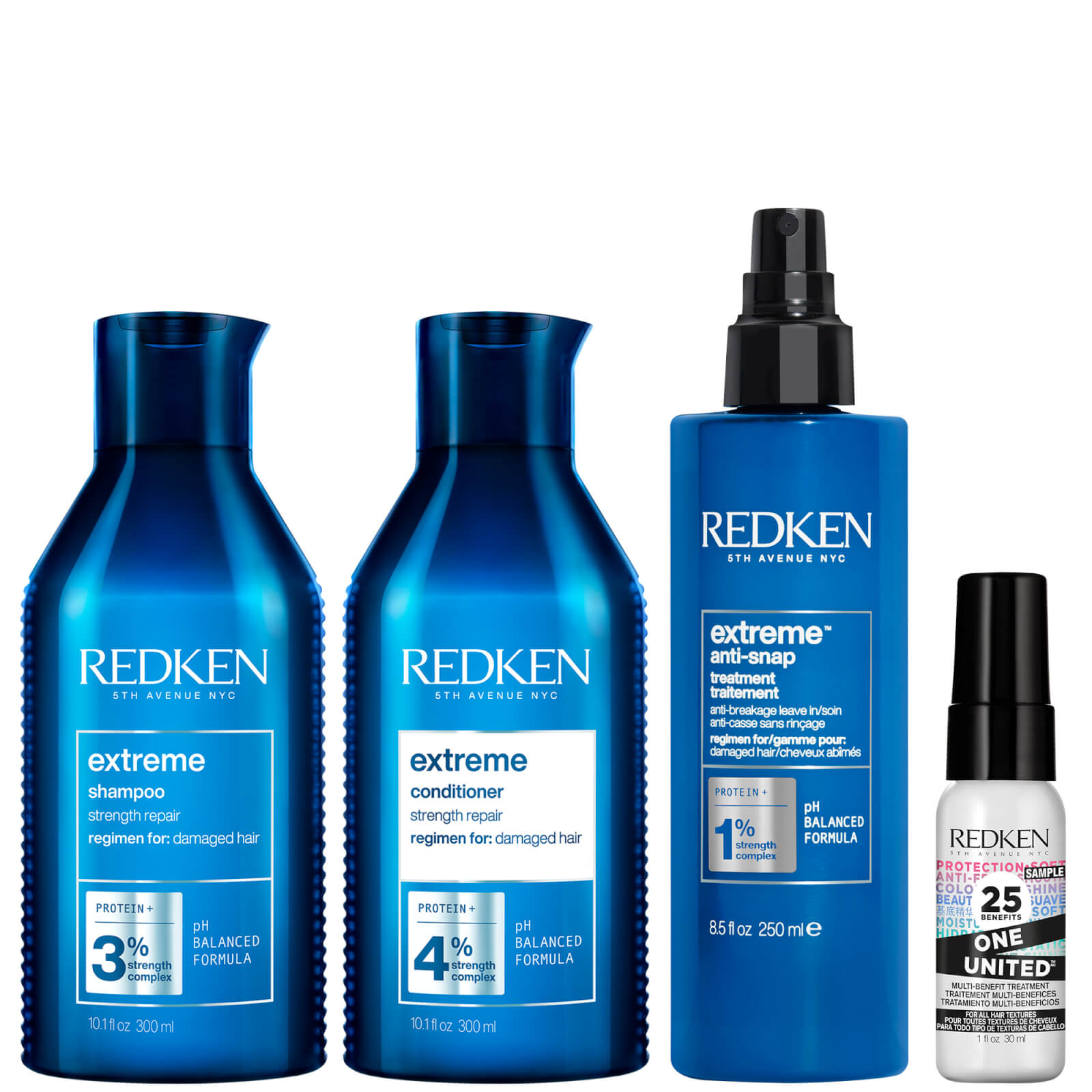 Redken Extreme Shampoo 300ml, Conditioner 300ml, Anti Snap 250ml and One United 30ml Routine Bundle 