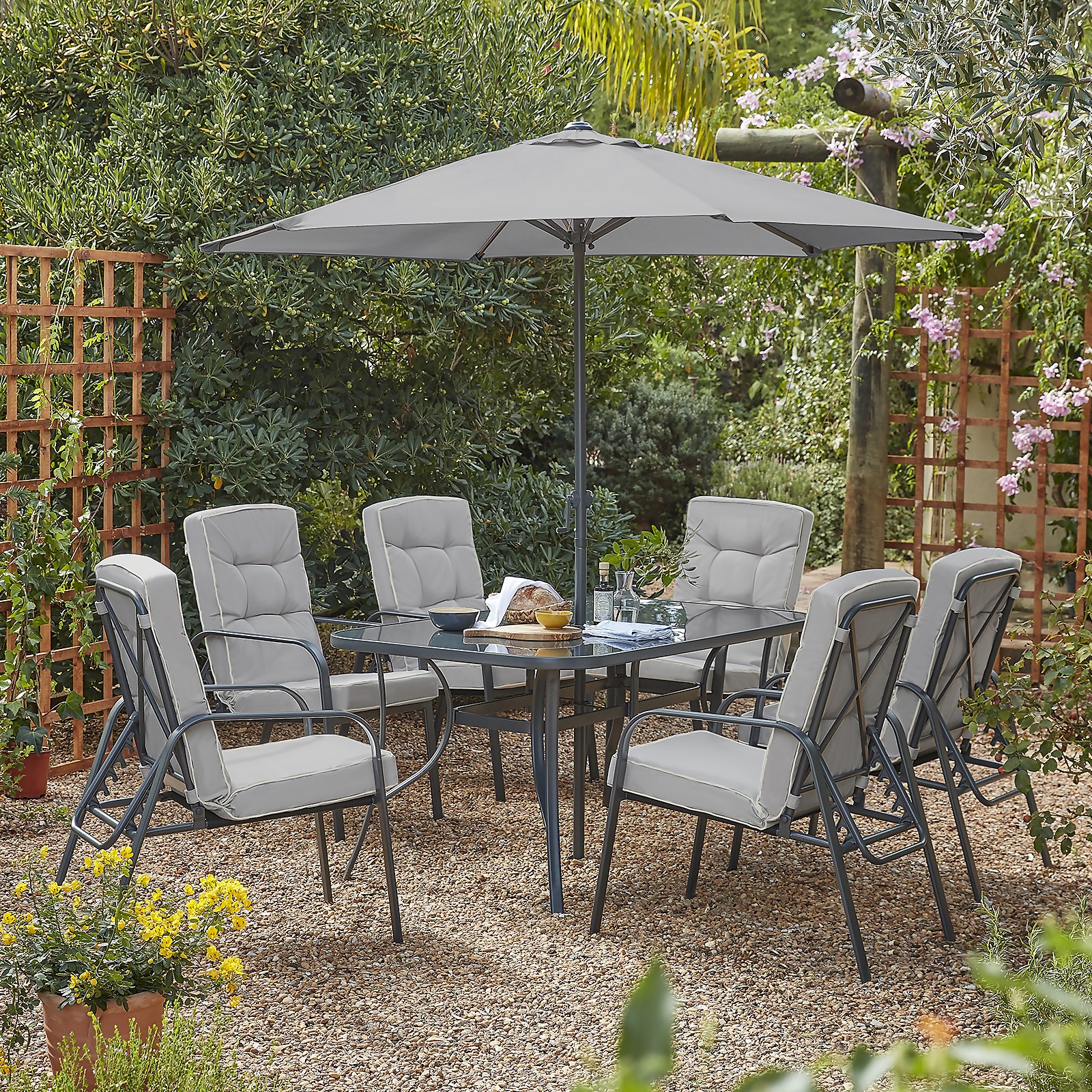Rowly 6 Seater Garden Dining Set with Parasol - Grey