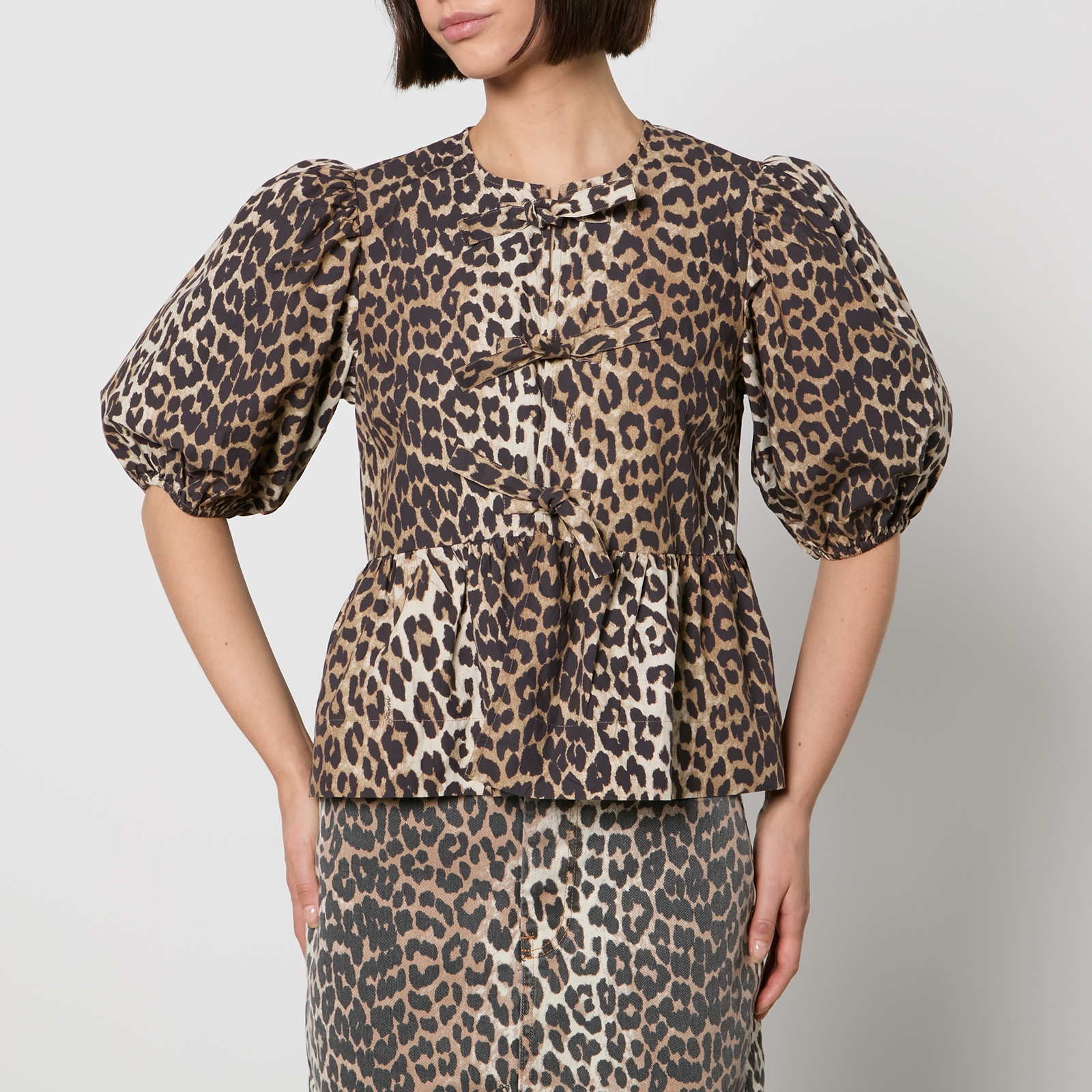 Ganni Leopard-Print Organic Cotton-Poplin Peplum Blouse - EU 38/UK 10