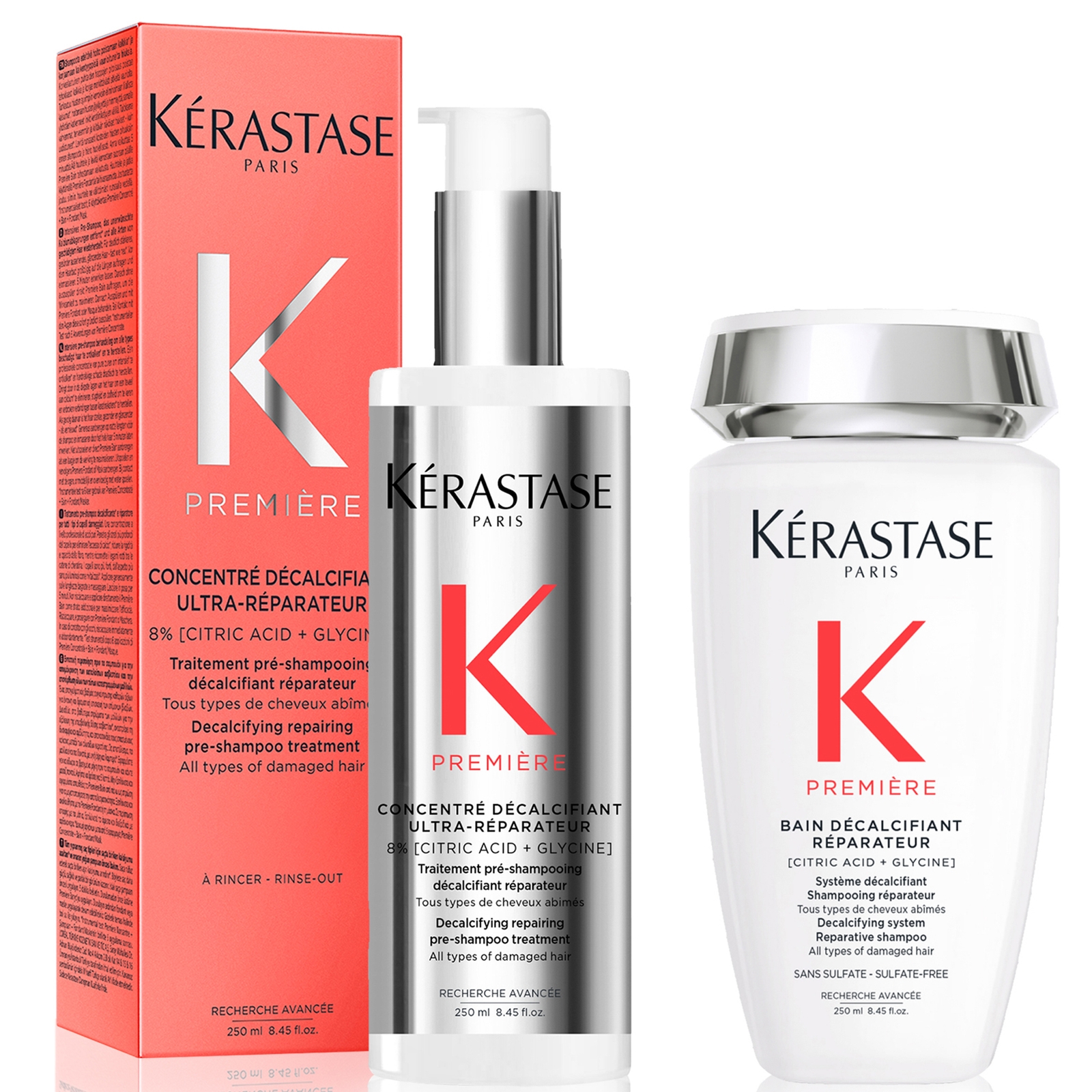 Image of Kérastase Première Decalcifying Repairing Pre-Shampoo and Shampoo for Damaged Hair with Pure Citric Acid and Glycine