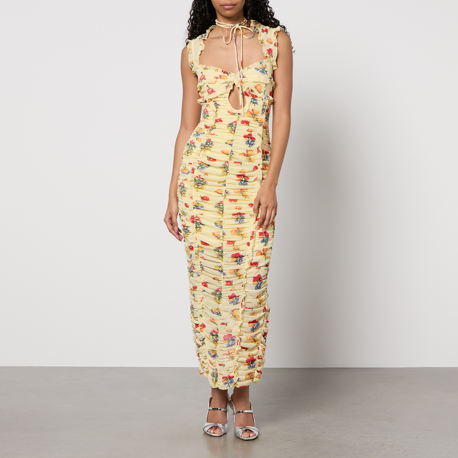 De La Vali Ruched Floral-Print Chiffon Midi Dress - UK 16