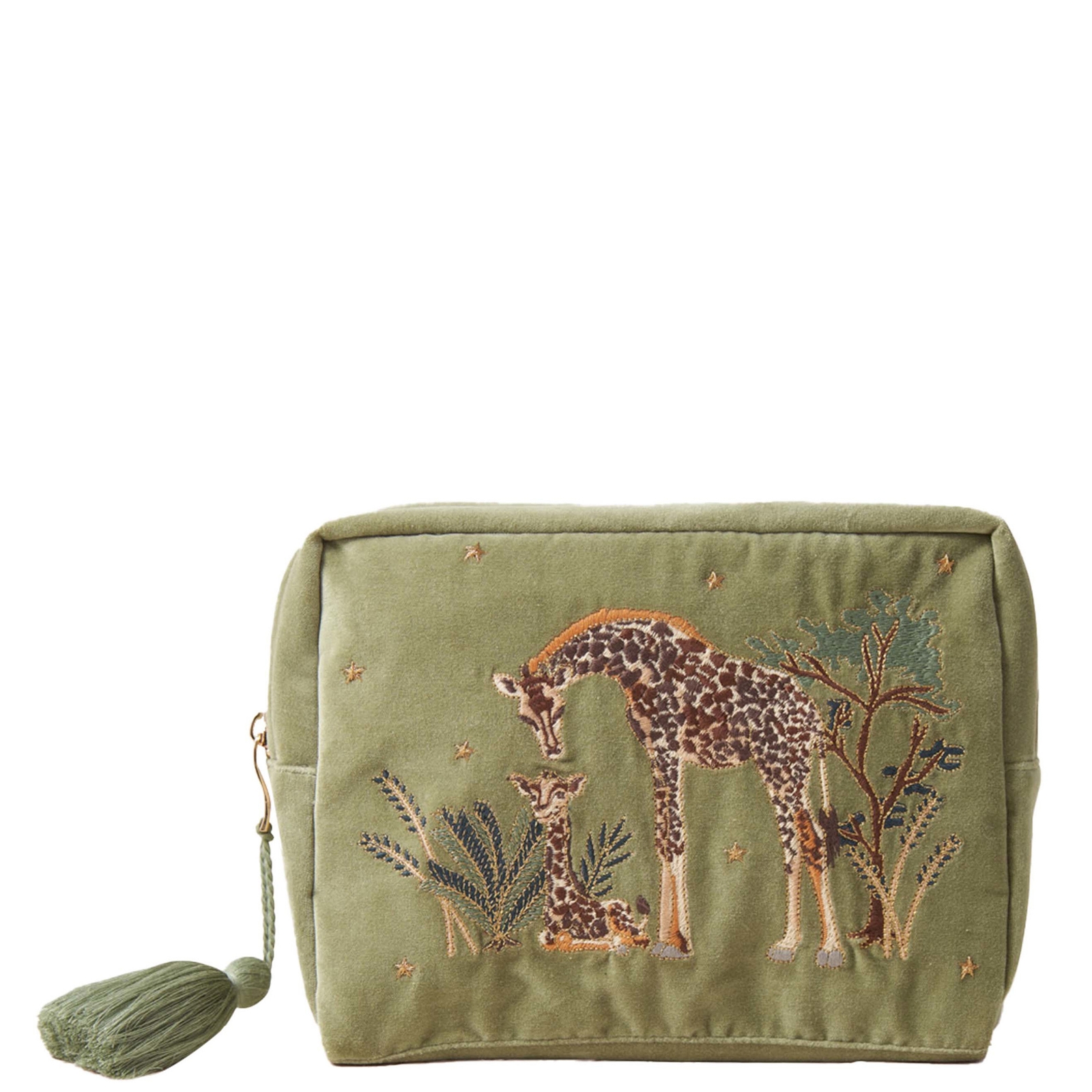 Shop Elizabeth Scarlett Giraffe Mother & Baby Olive Velvet Wash Bag