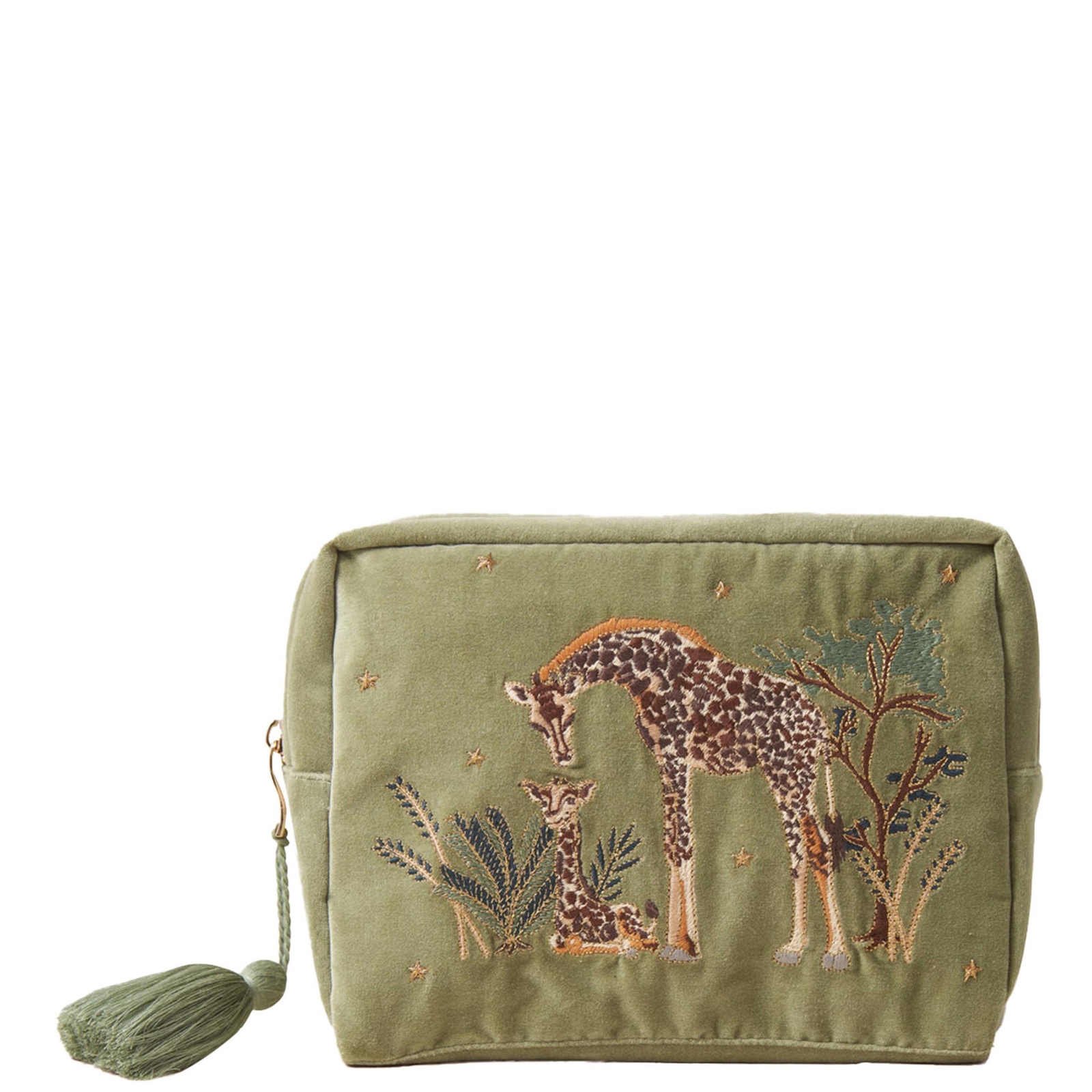 

Elizabeth Scarlett Giraffe Mother & Baby Olive Velvet Wash bag
