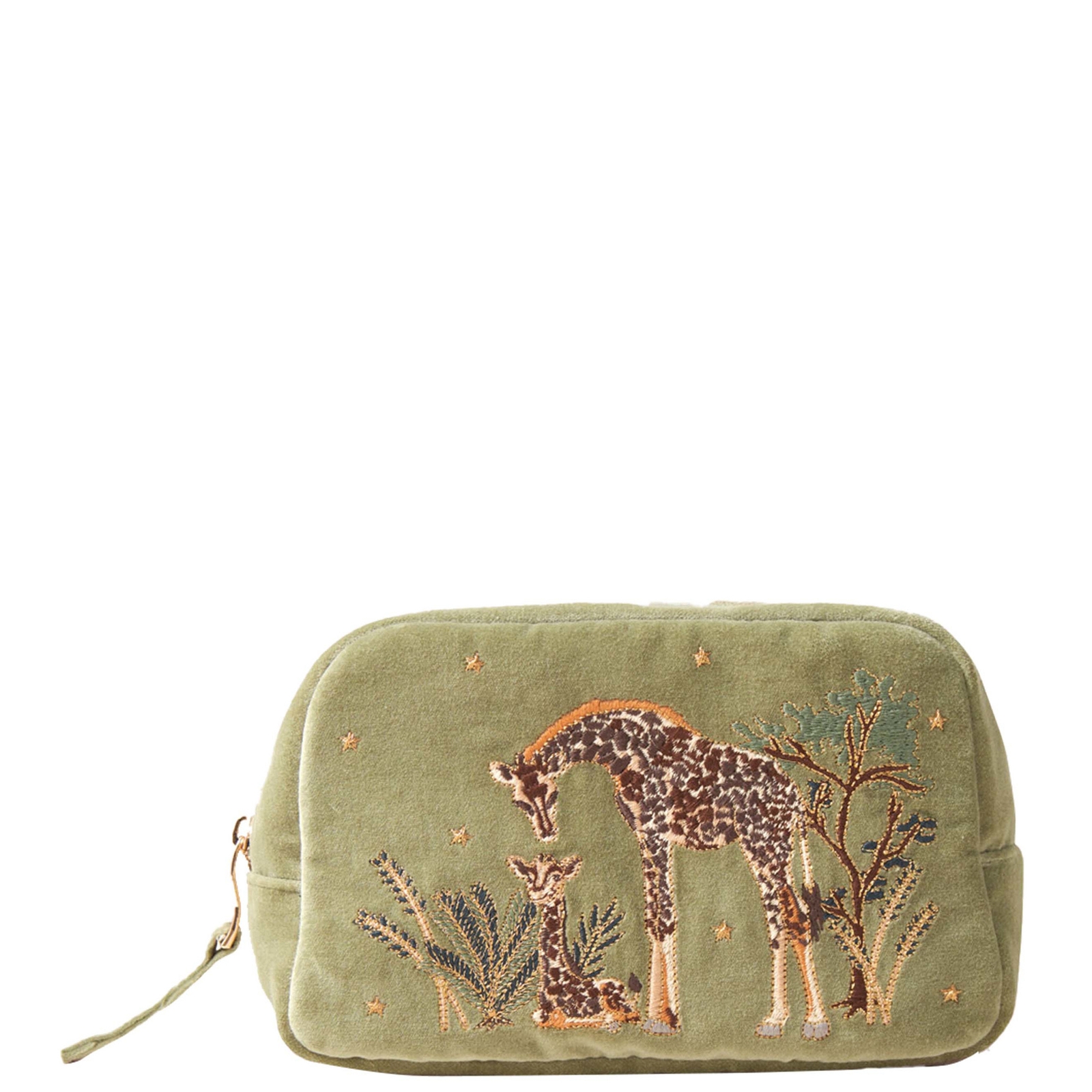 Shop Elizabeth Scarlett Giraffe Mother & Baby Olive Velvet Cosmetics Bag