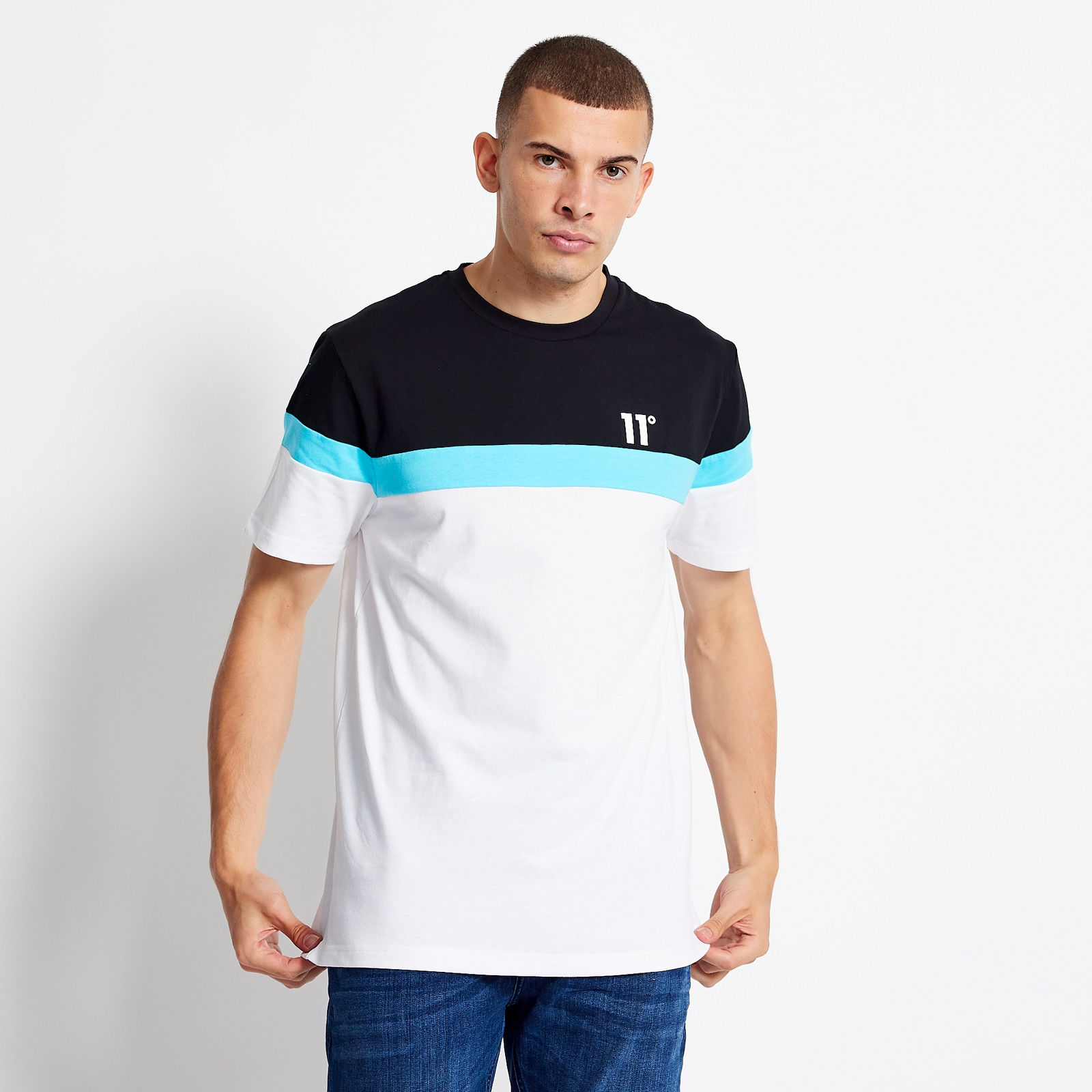 triple panel t-shirt - white / black / capri blue - xs