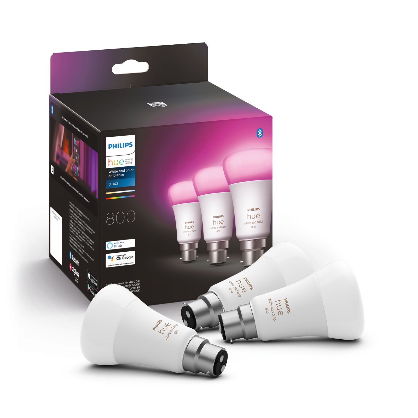Philips Hue Colour Ambiance 6.5W B22 Smart LED Light Bulbs - 3 Pack