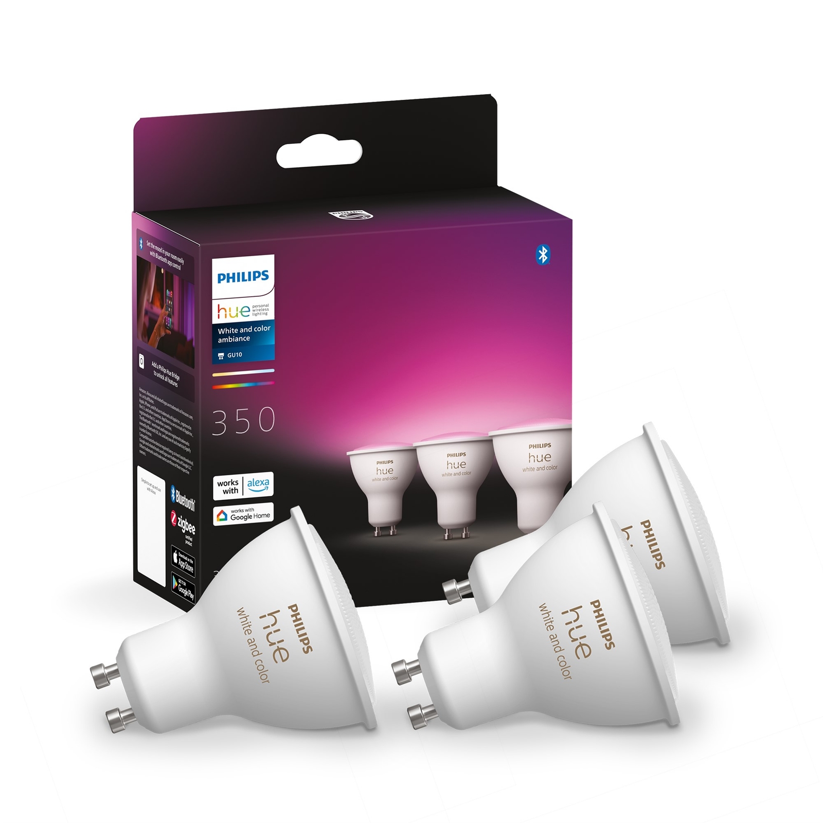 Philips Hue Colour Ambiance 4.3W GU10 Smart LED Light Bulbs - 3 Pack