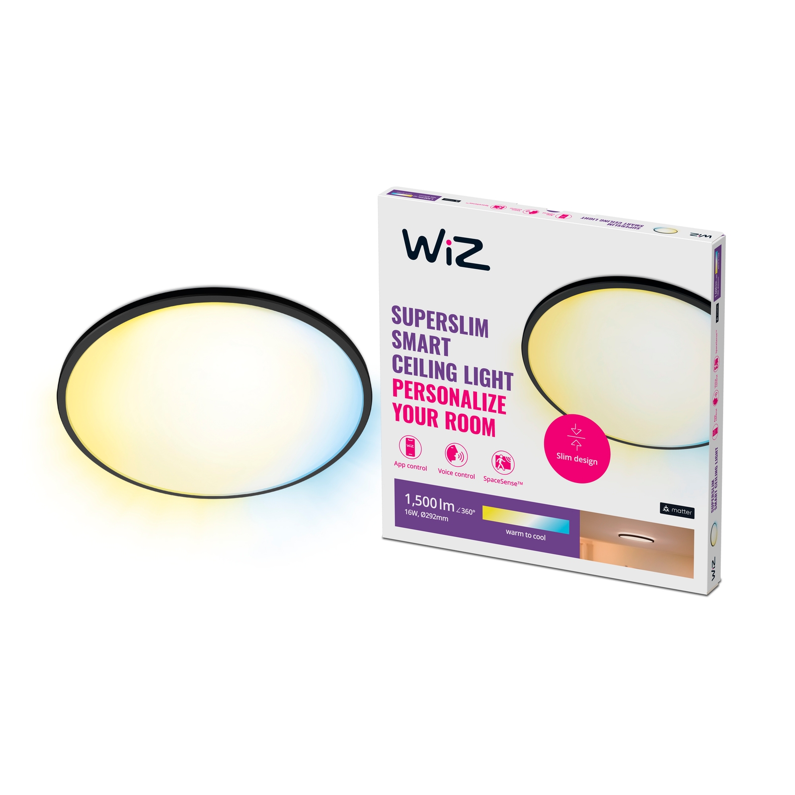WiZ Smart LED SuperSlim Ceiling Light Tunable White 1500 Lumens - Black