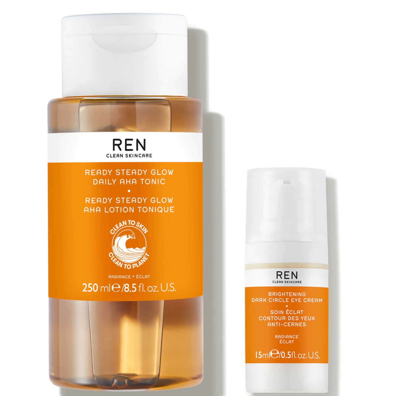 REN Clean Skincare Ready Steady Glow Daily AHA Tonic 250ml and Radiance Brightening Dark Circle Eye 