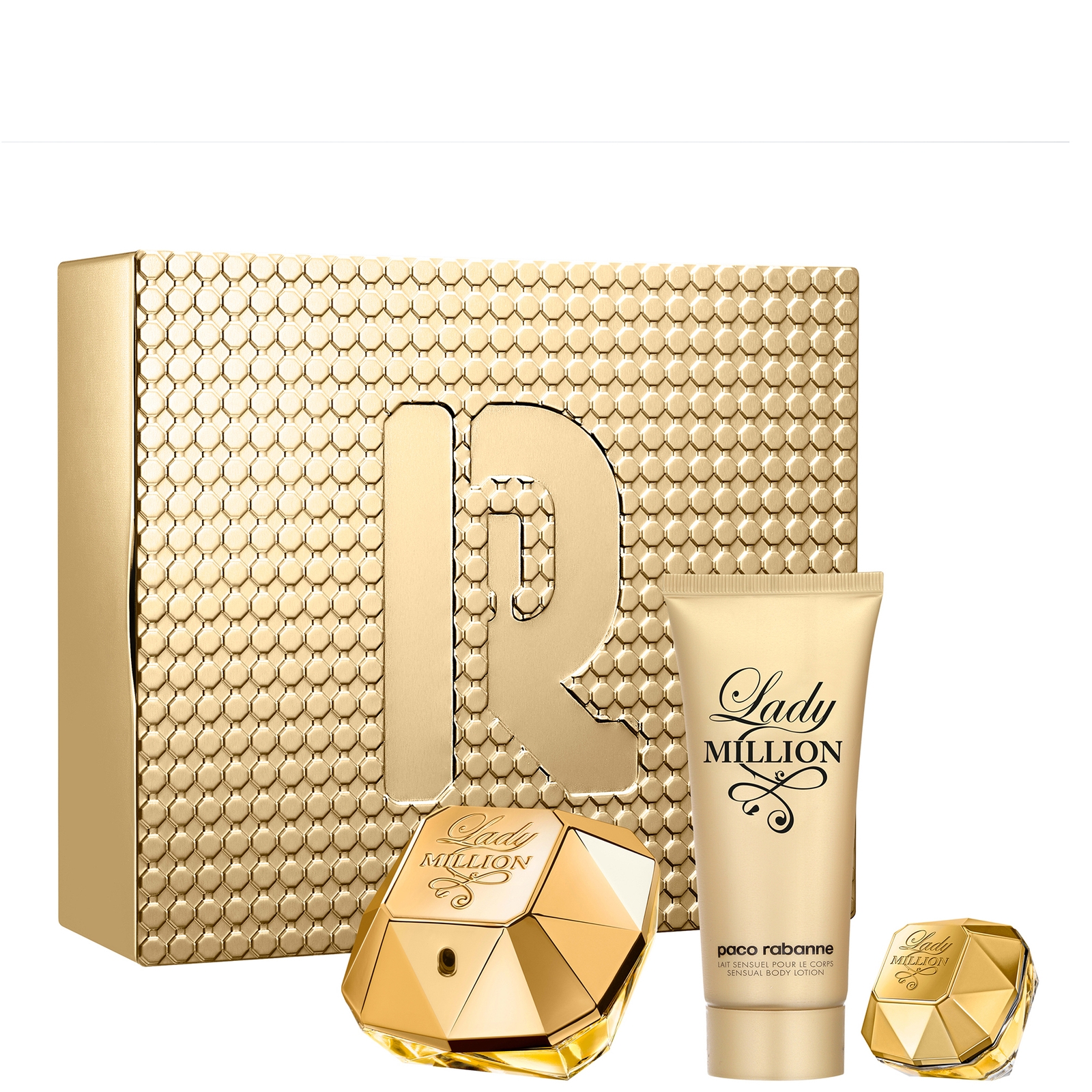 Paco Rabanne Lady Million 80ml Eau De Parfum And 100ml Sensual Body Lotion Set With 5ml Eau De Parfum In White