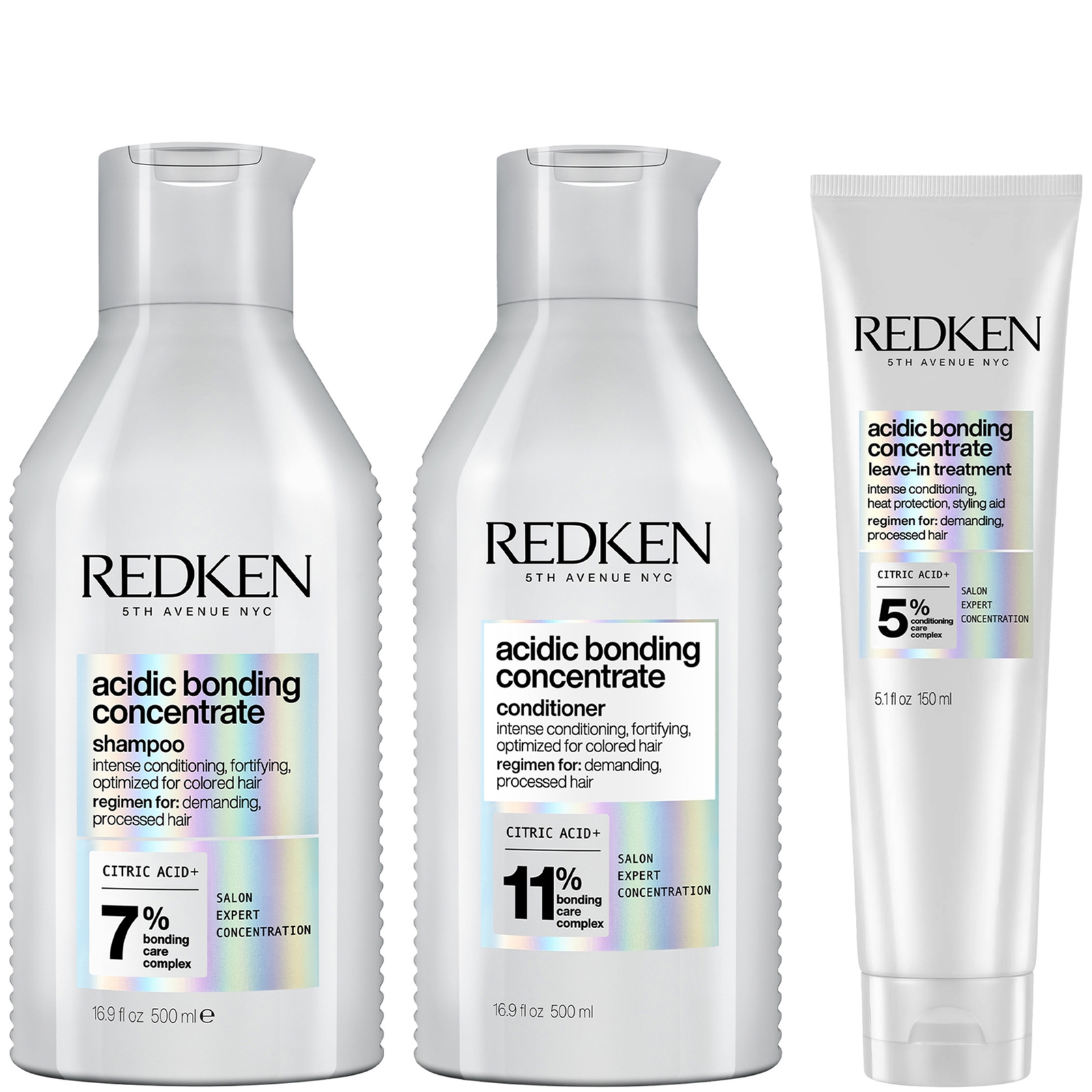 Redken Acidic Bonding Concentrate Shampoo 500ml, Conditioner 500ml And Leave-in Treatment 150ml Bond Repair