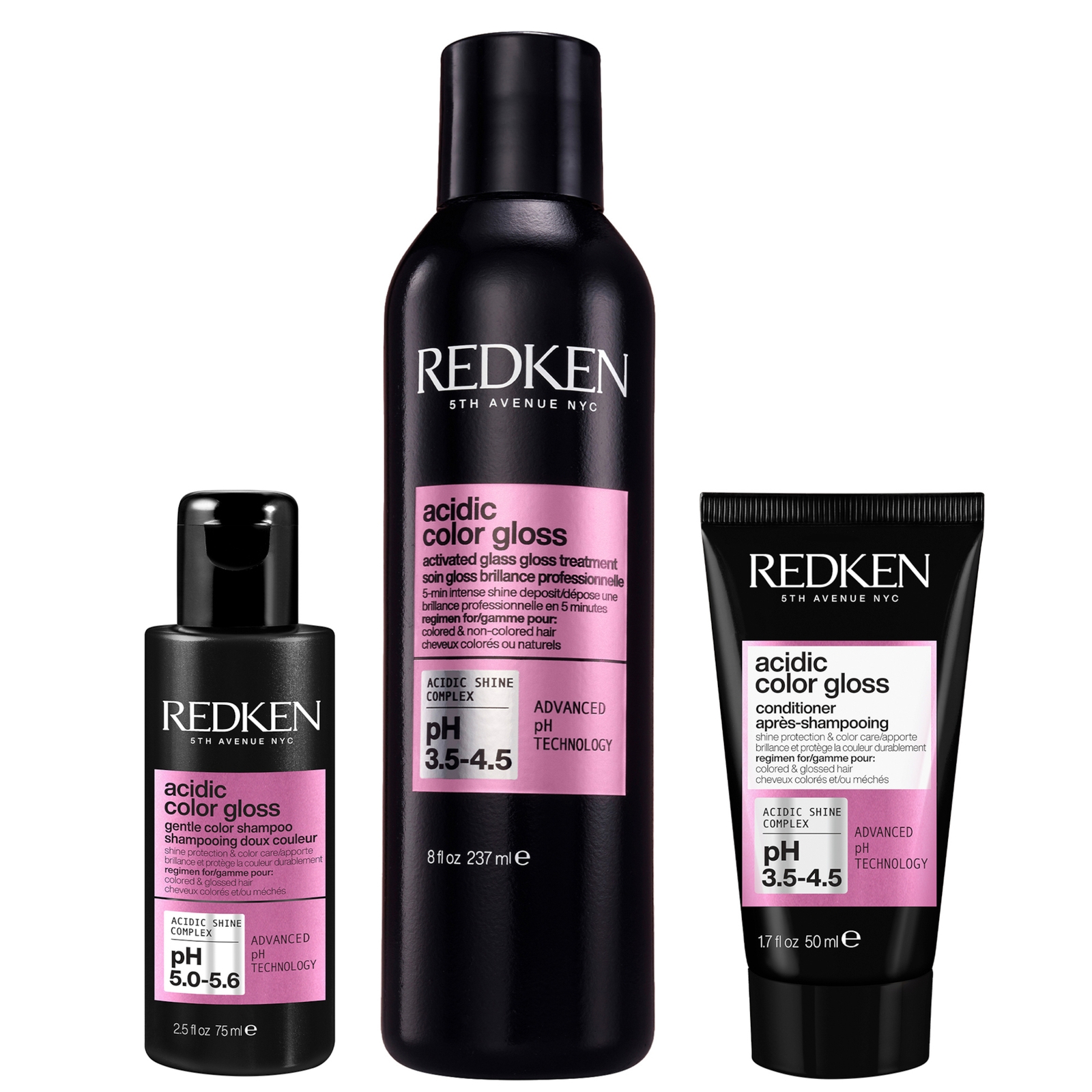 Redken Acidic Color Gloss Shampoo Mini 75ml, Activated Glass Gloss Treatment 237ml and Conditioner M