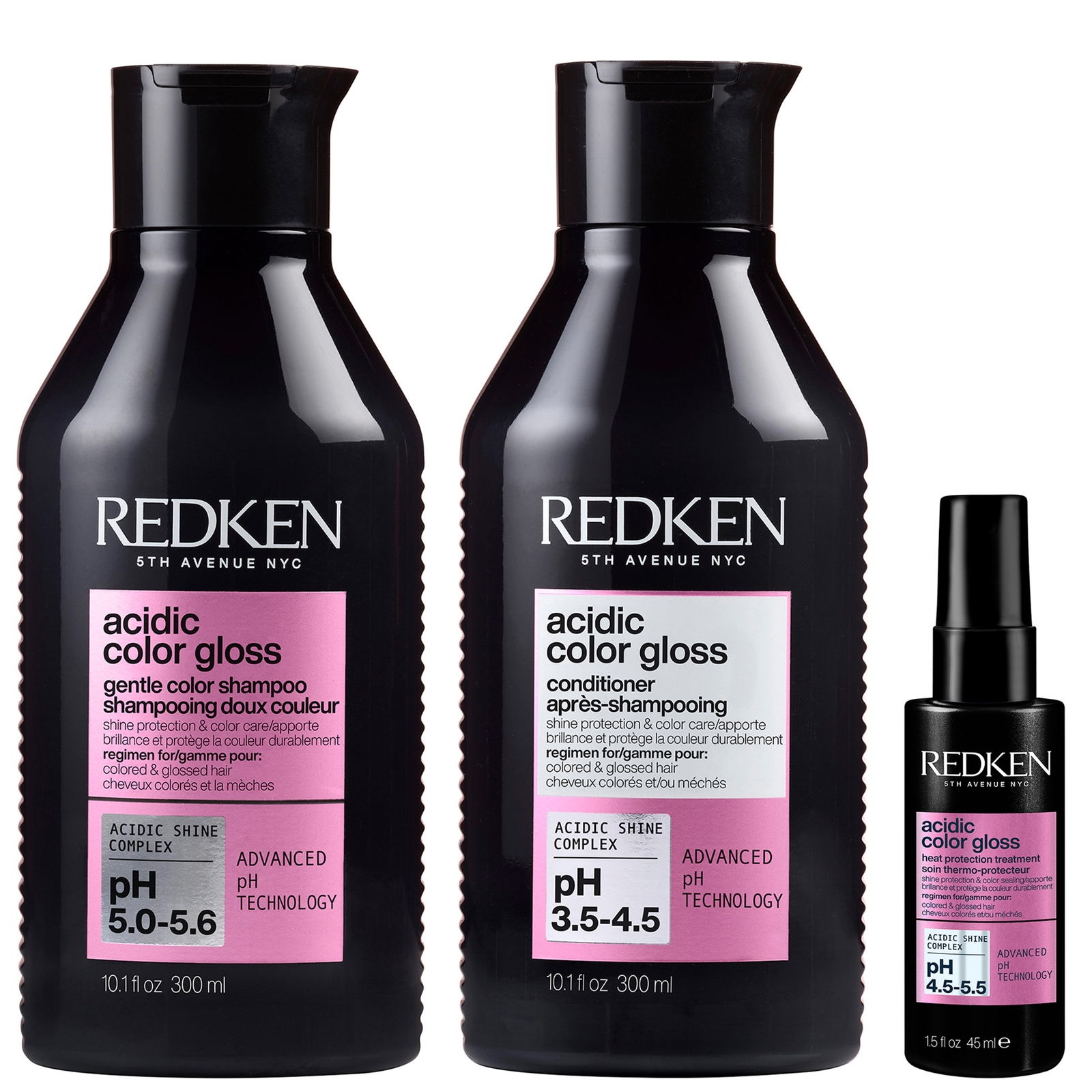 Redken Acidic Color Gloss Shampoo 300ml, Conditioner 300ml And Heat Protection Treatment 45ml, Glass-like S In White