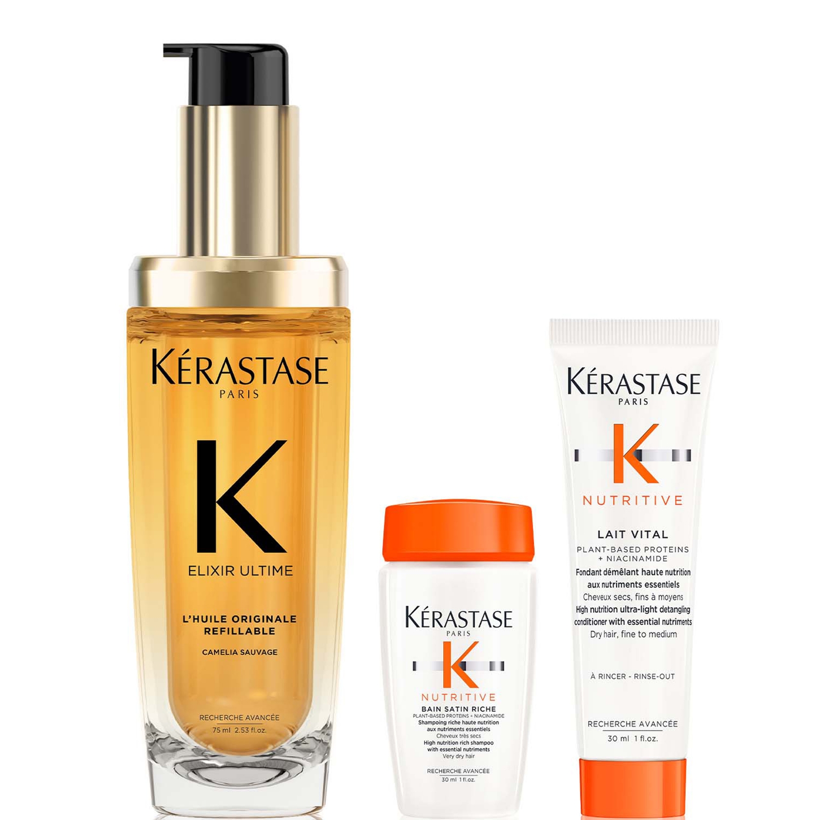 

Kérastase Elixir Ultime L'Huile Originale Hair Oil 75ml with Mini Deluxe Nutritive Shampoo 30ml and Conditioner 30ml Duo