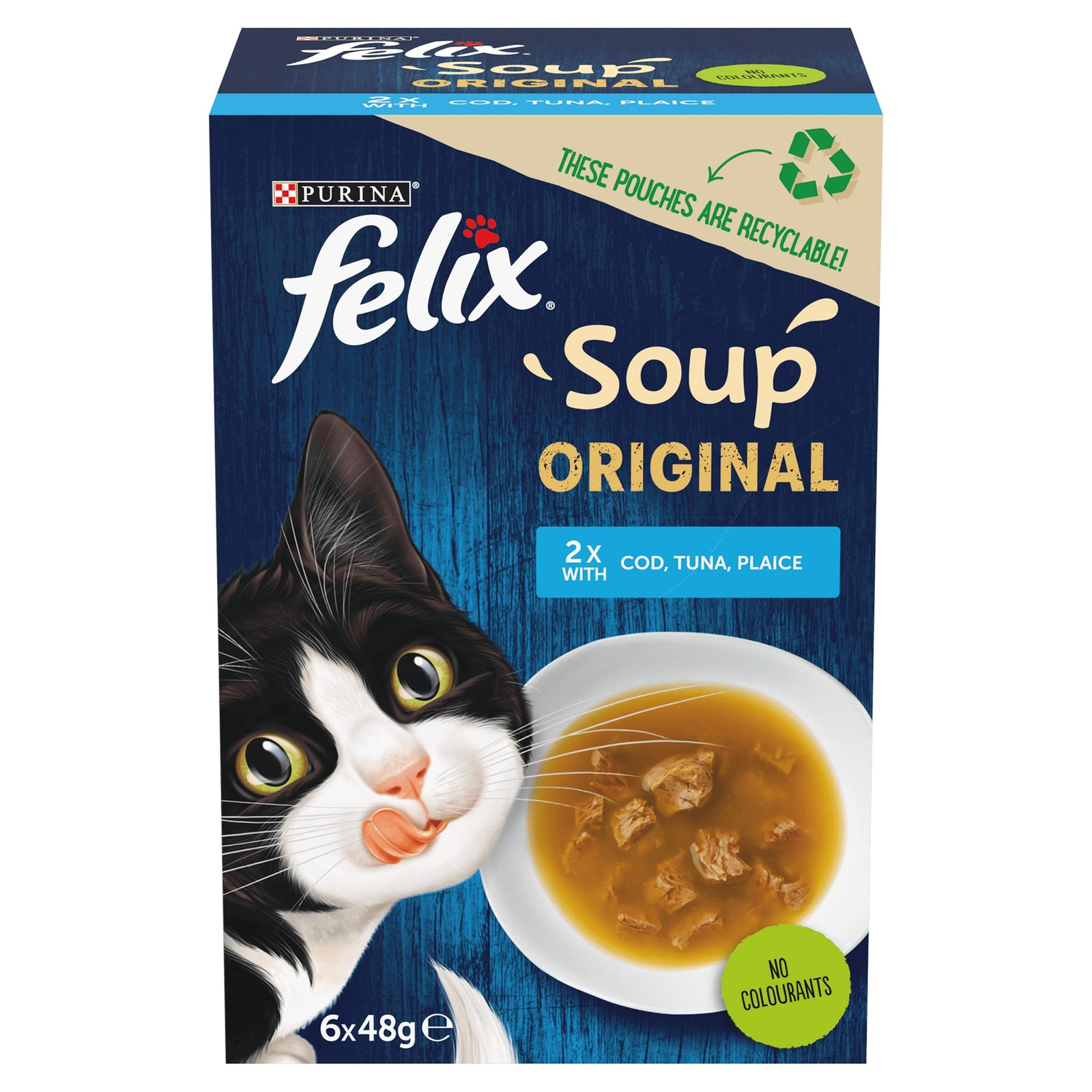 Image of Felix Soup Fish Selection with Plaice, Tuna & Cod Adult Wet Cat Food 6x48g