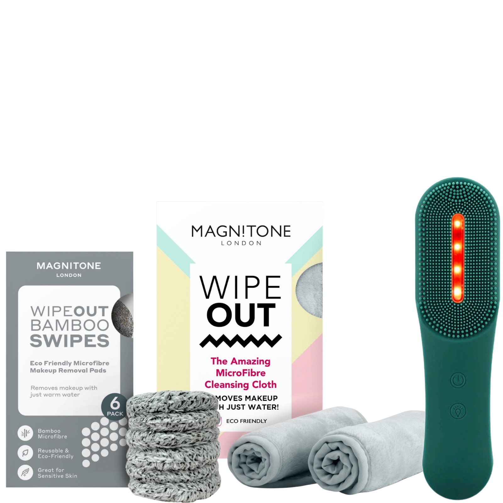 Shop Magnitone London Xo Lightsout Led Cleansing Brush, Wipeout And Swipes Cloth Bundle