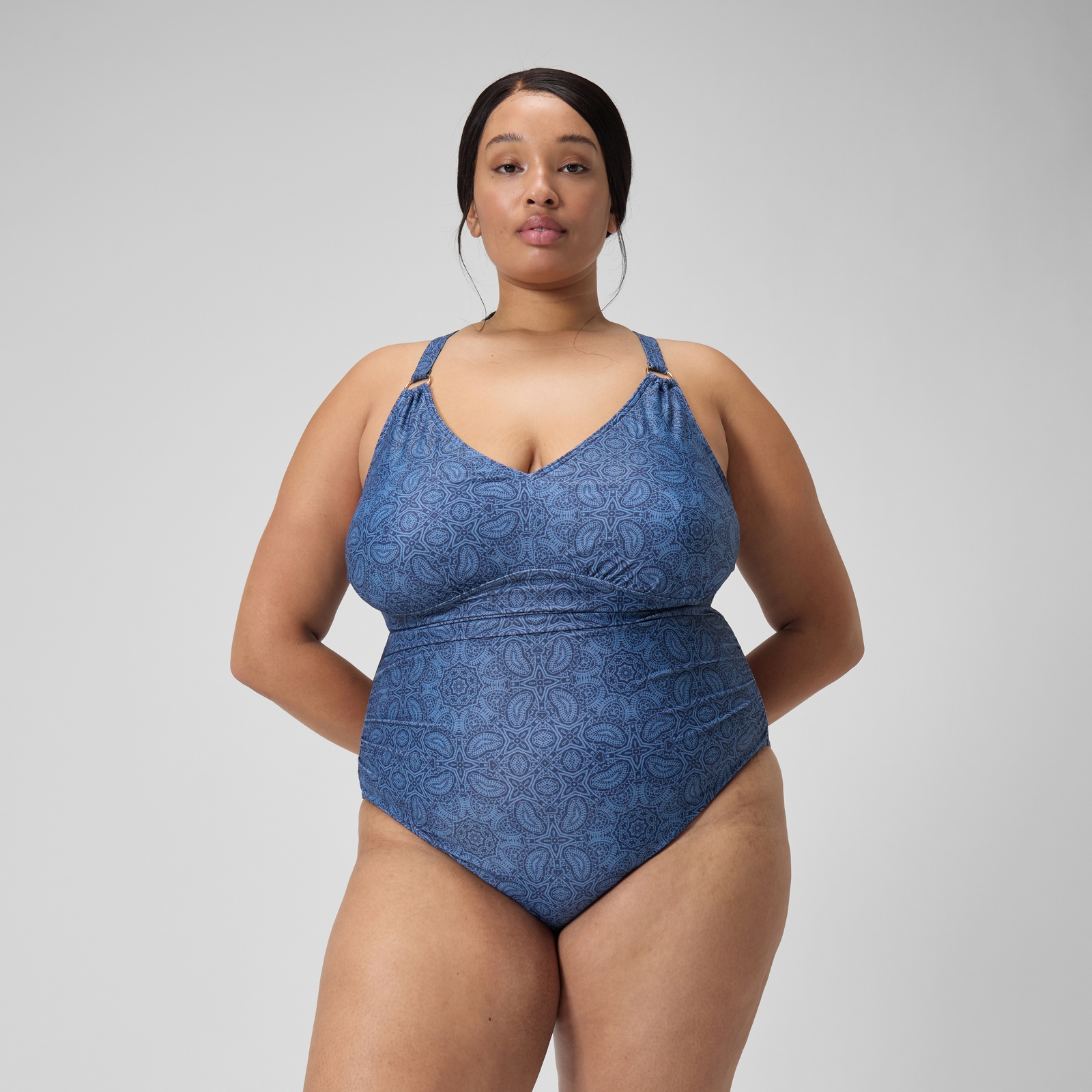 Women's Plus Size Shaping Printed V Neck Swimsuit Navy/Blue