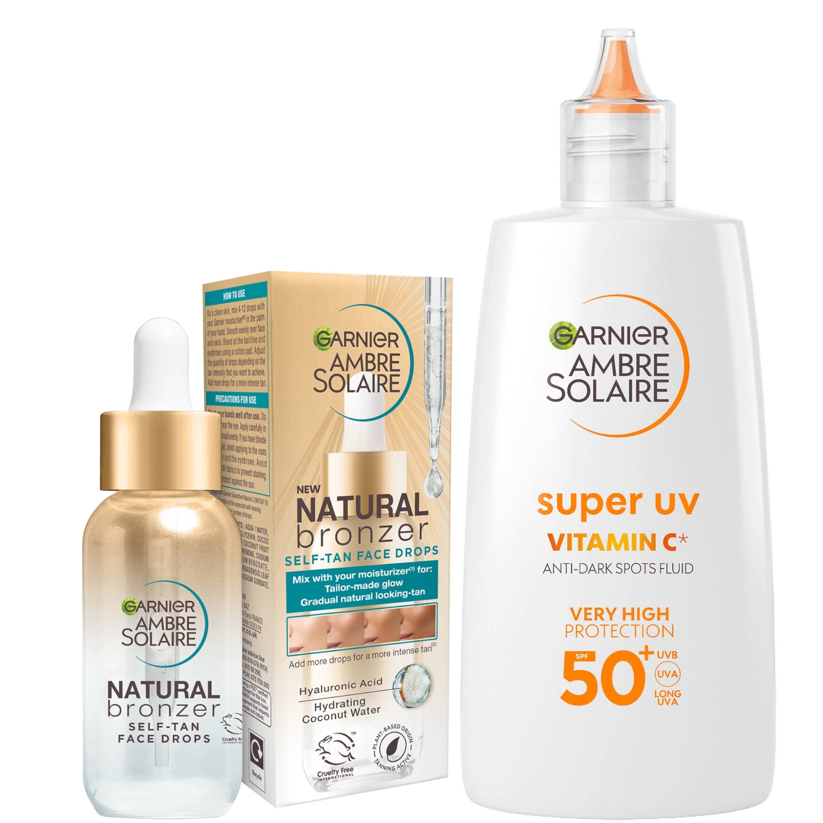 Shop Garnier Glow And Protect Duo: Natural Bronzer Self-tan Drops And Ambre Solaire Vitamin C Facial Spf50+ Fluid