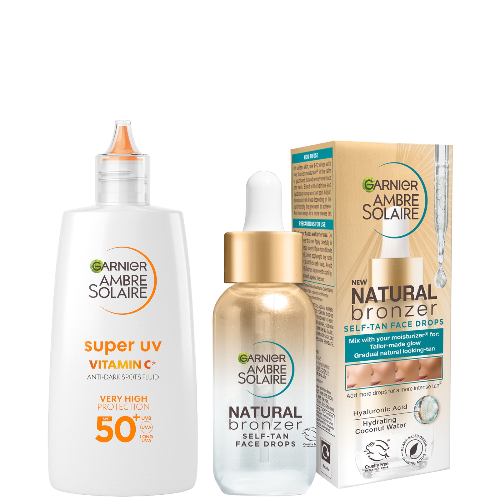 Image of Garnier Glow and Protect Duo: Natural Bronzer Self-Tan Drops and Ambre Solaire Vitamin C Facial SPF50+ Fluid051