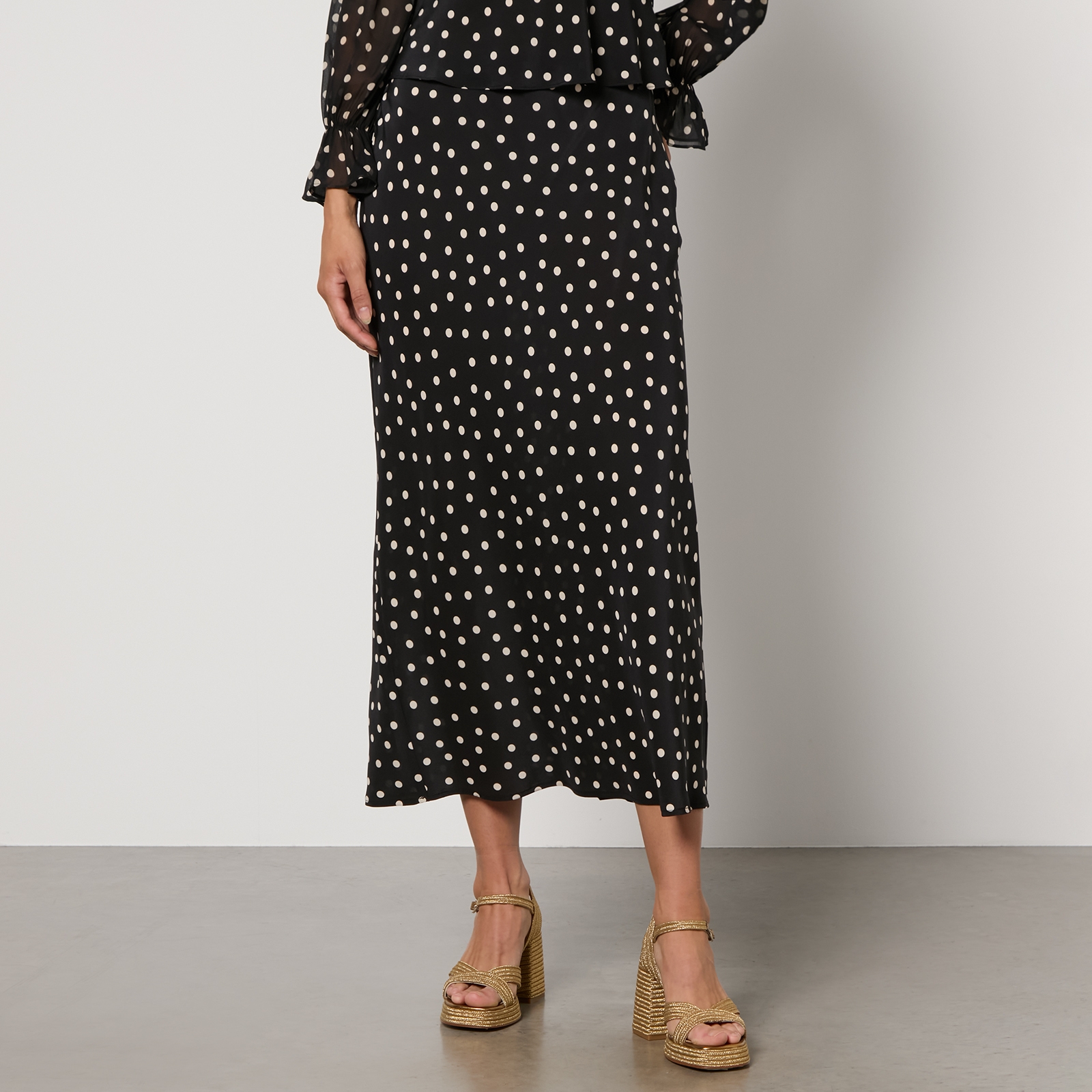 RIXO Ardith Polka Dot-Print Silk Midi Skirt - UK 10
