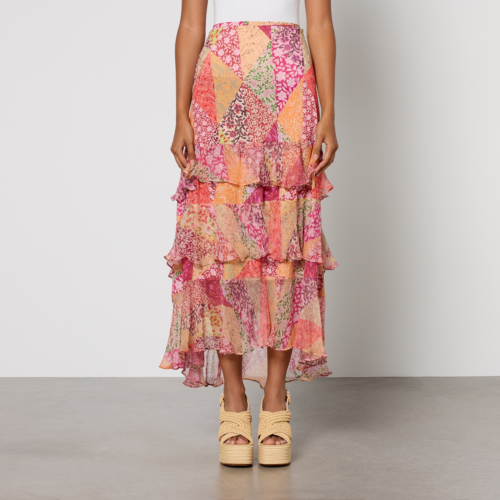 RIXO Preslee Printed Crepe De Chine Midi Skirt - UK 12