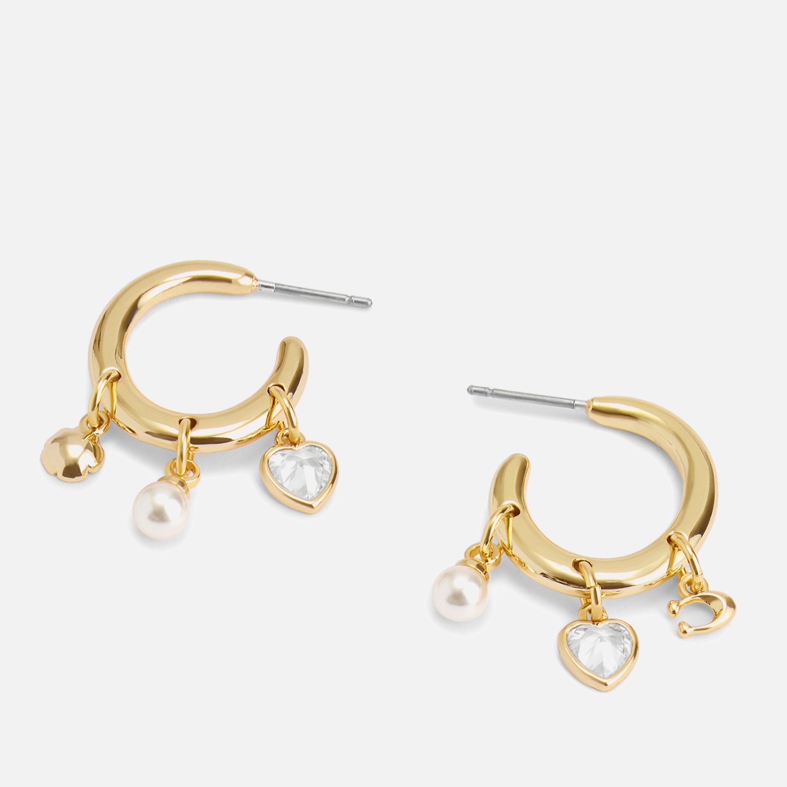 Coach Charm Gold-Tone Embellished Pendant Hoop Earrings