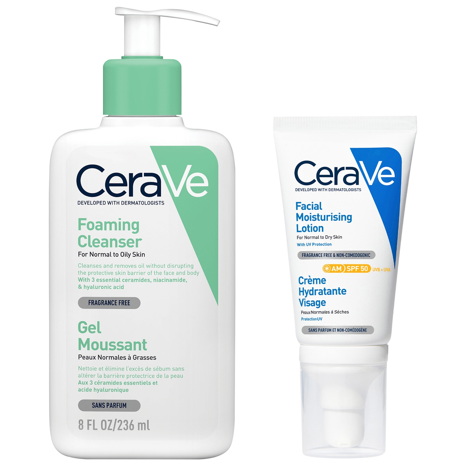 Shop Cerave Morning Cleanse And Protect Duo For Oily Skin, Cleanser With Niacinamide And Moisturiser With Spf 50