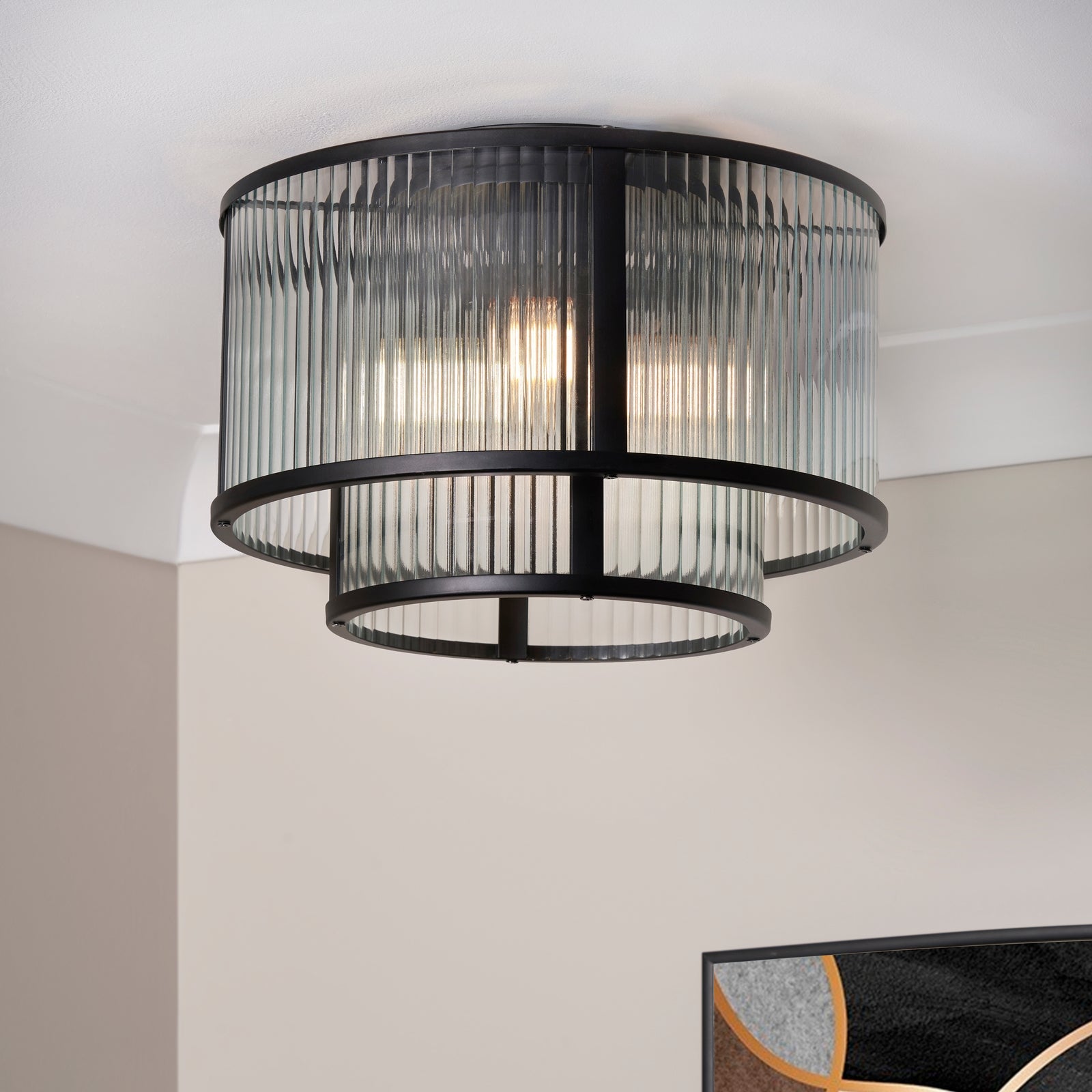Homebase Edit - Finchley  Flush Ceiling Light - Black Ribbed Glass thumbnail
