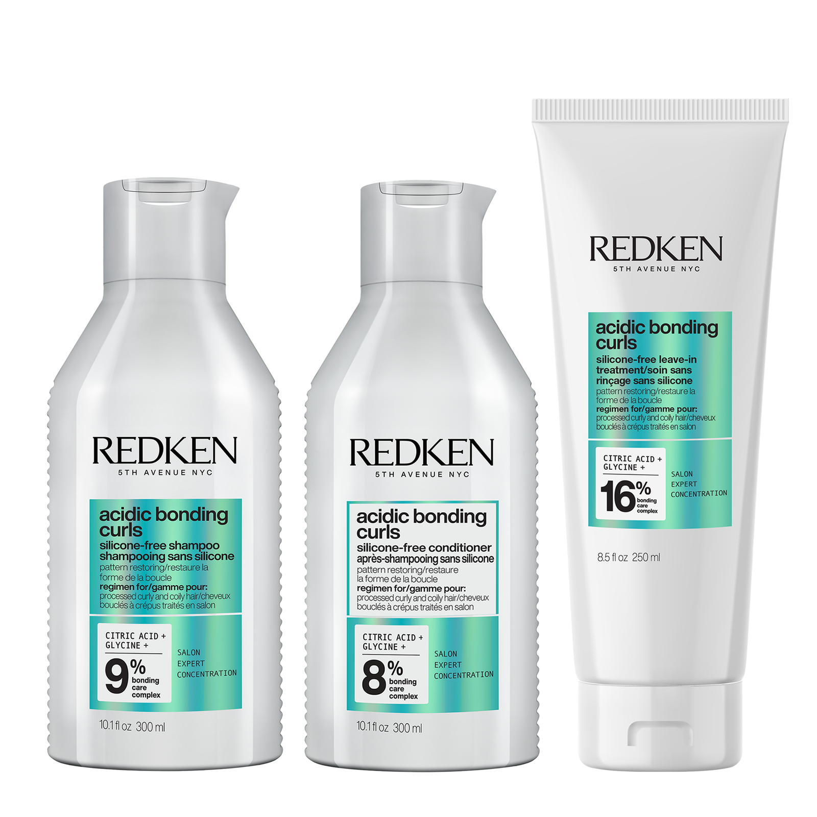 Redken Acidic Bonding Curls Shampoo 300ml, Conditioner 300ml, & Leave-in 250ml Bundle For Damaged Curly & C