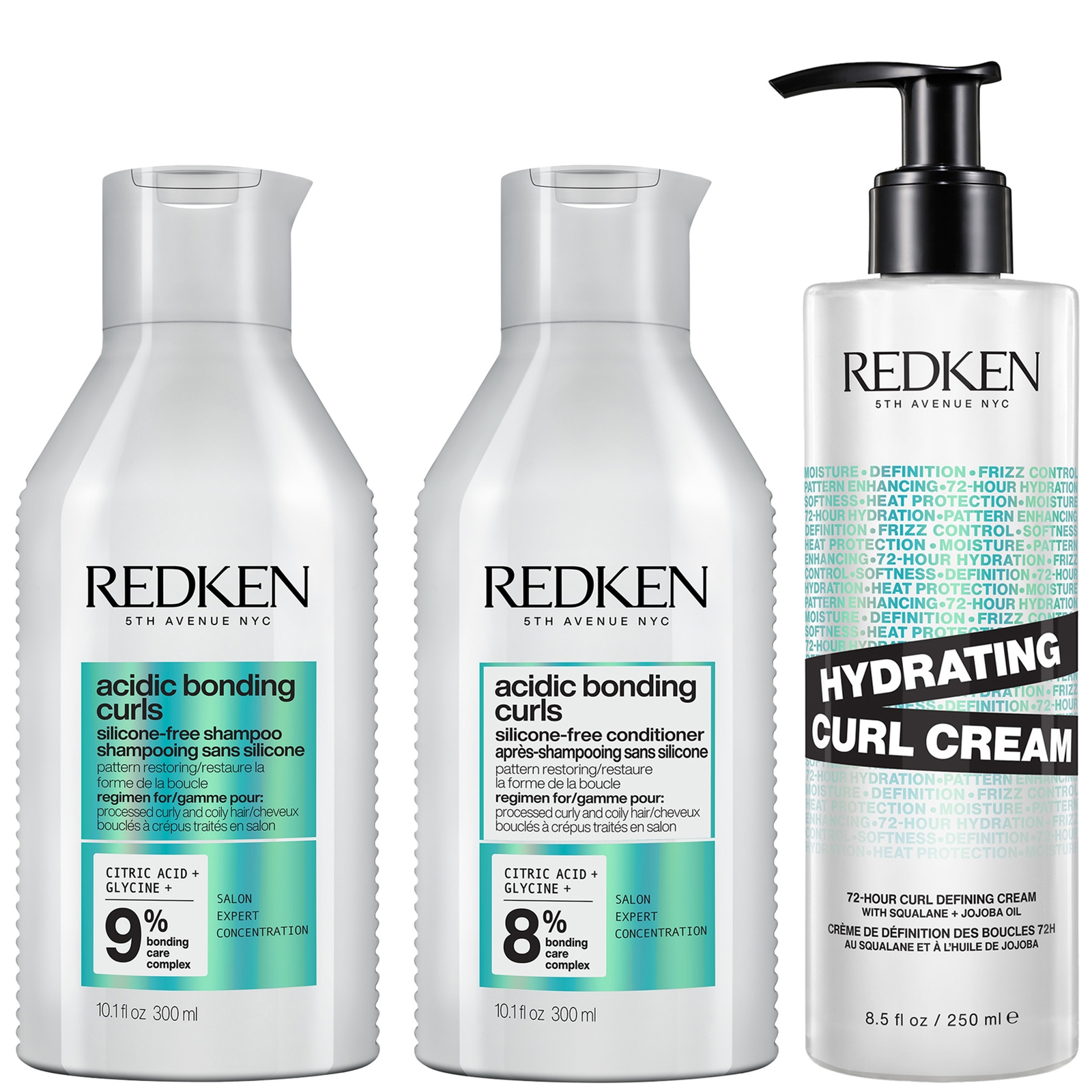 Redken Acidic Bonding Curls Shampoo, Conditioner And Hydrating Curl Cream Bundle For Damaged Curly & Coily