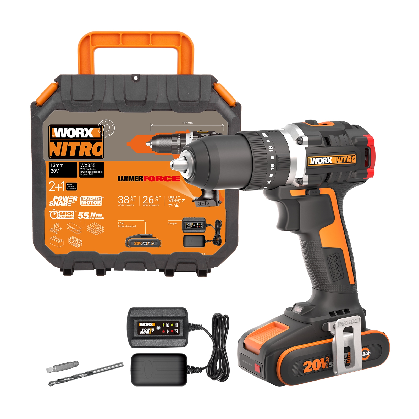 Worx WX355.1 20v Cordless Brushless Combi Drill with x1 2.0Ah Battery