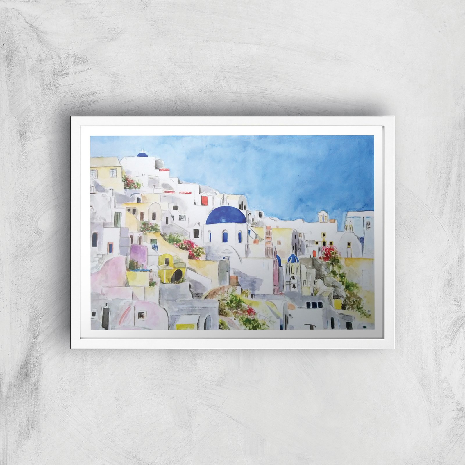 Threadless x IWOOT Santorini Watercolor Painting Giclee Art Print - A4 - White Frame