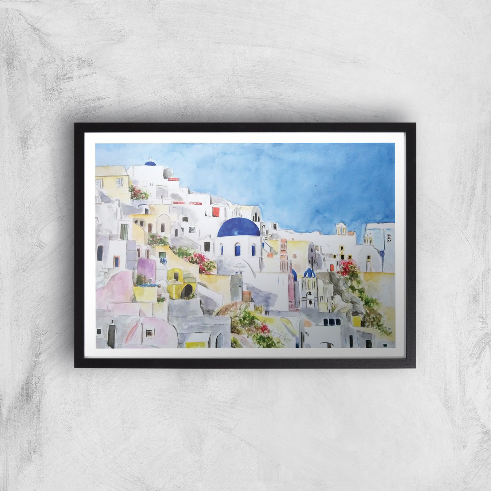 Threadless x IWOOT Santorini Watercolor Painting Giclee Art Print - A4 - Black Frame