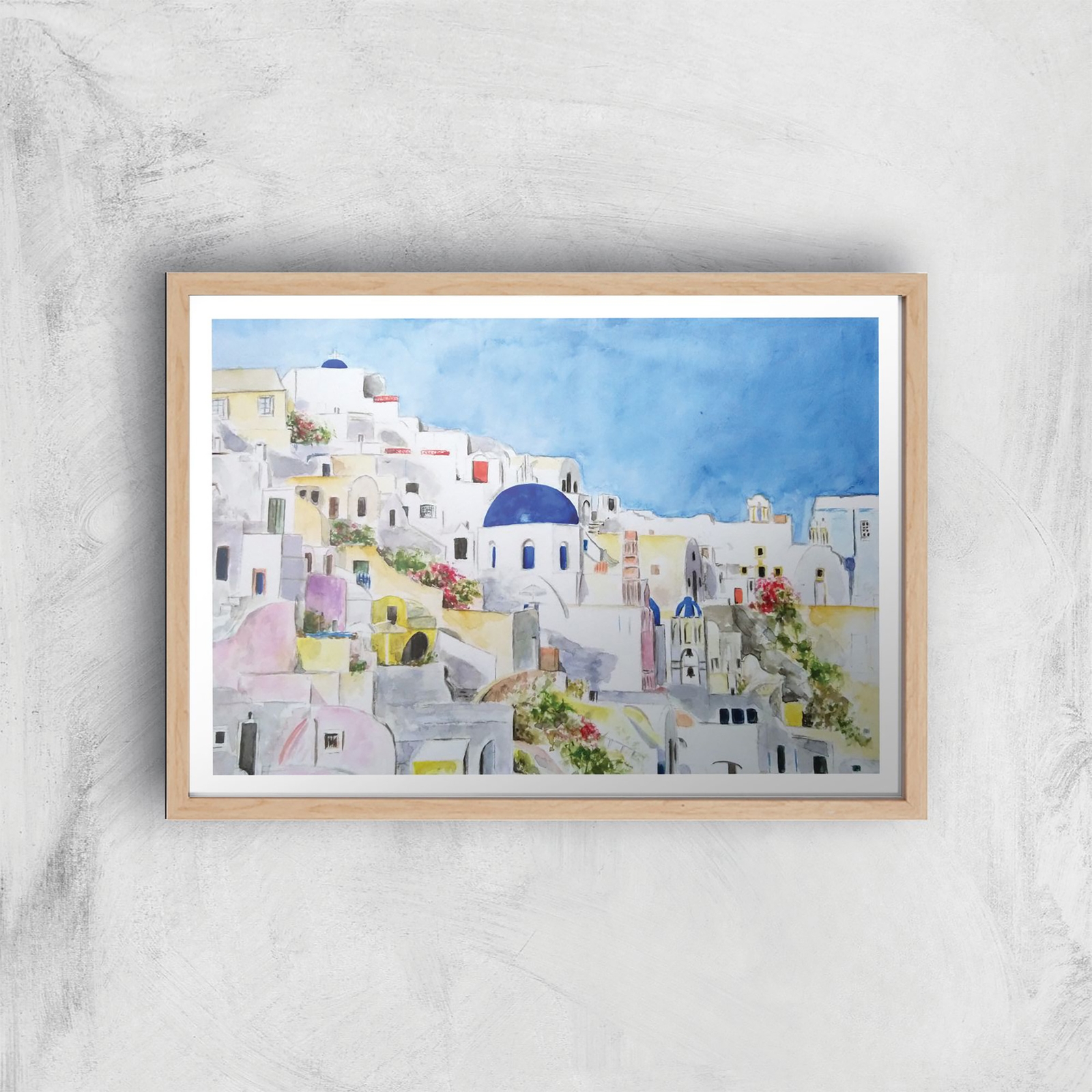 Threadless x IWOOT Santorini Watercolor Painting Giclee Art Print - A2 - Wooden Frame