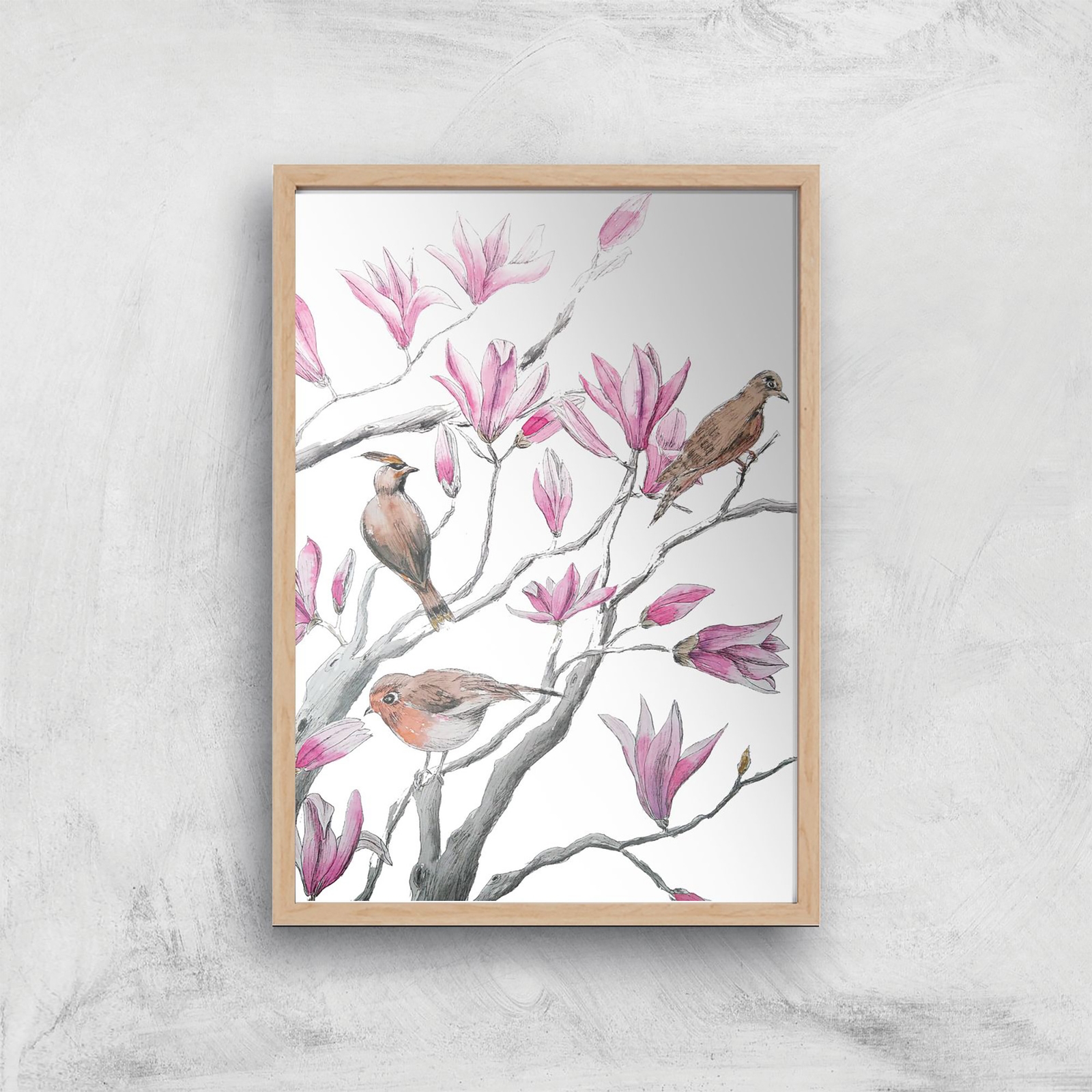 Threadless x IWOOT Magnolia Flowers And Birds Giclee Art Print - A3 - Wooden Frame