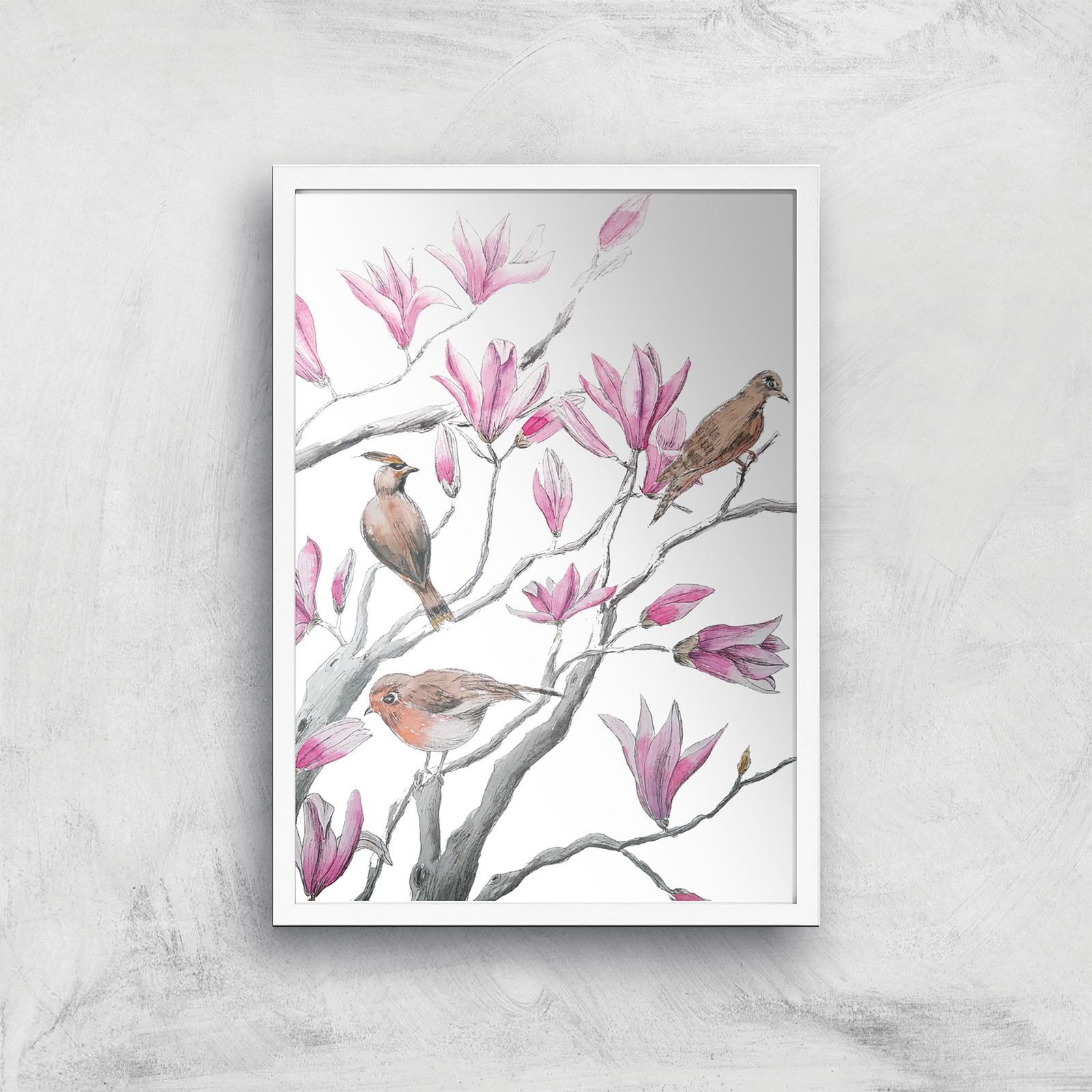 Threadless x IWOOT Magnolia Flowers And Birds Giclee Art Print - A3 - White Frame