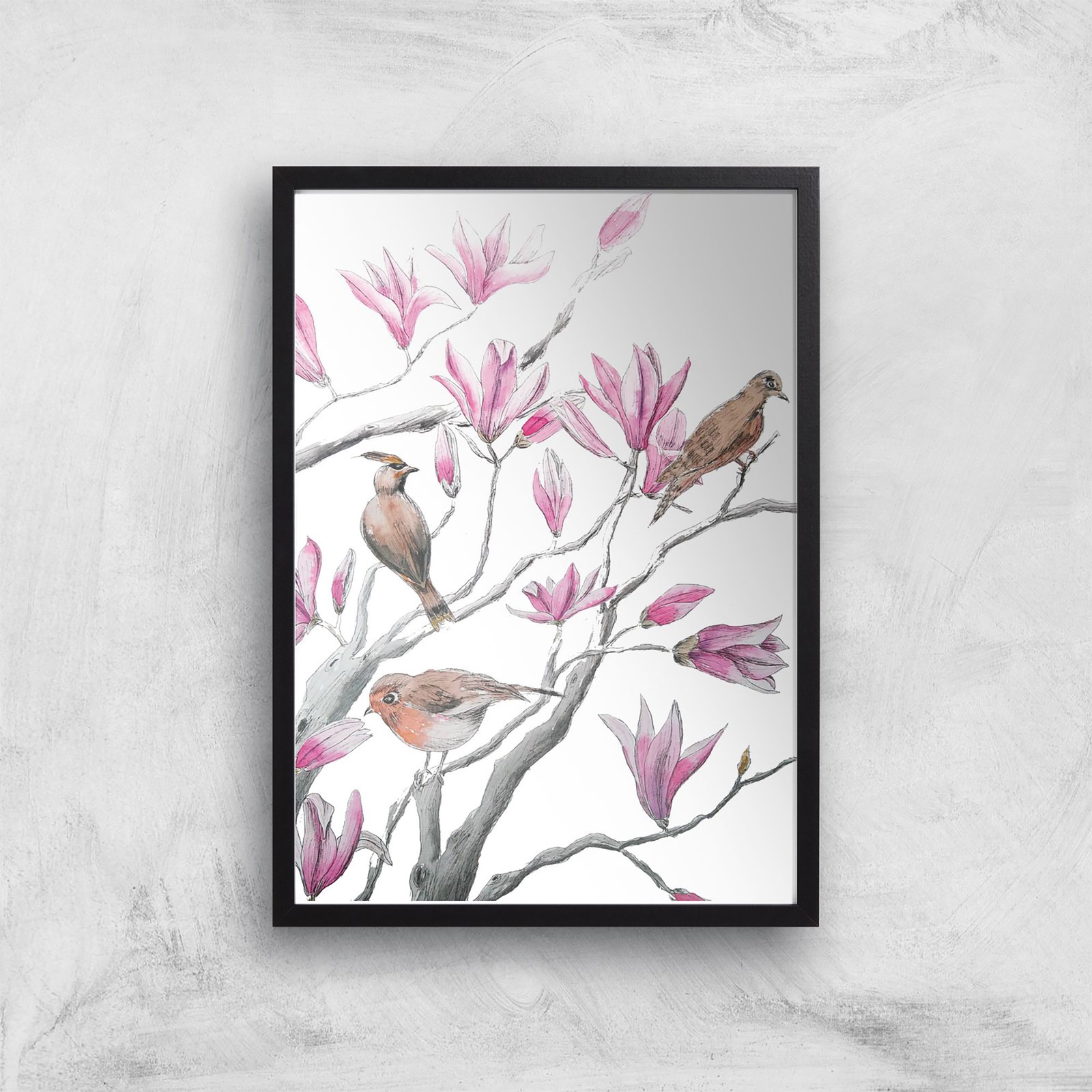 Threadless x IWOOT Magnolia Flowers And Birds Giclee Art Print - A2 - Black Frame